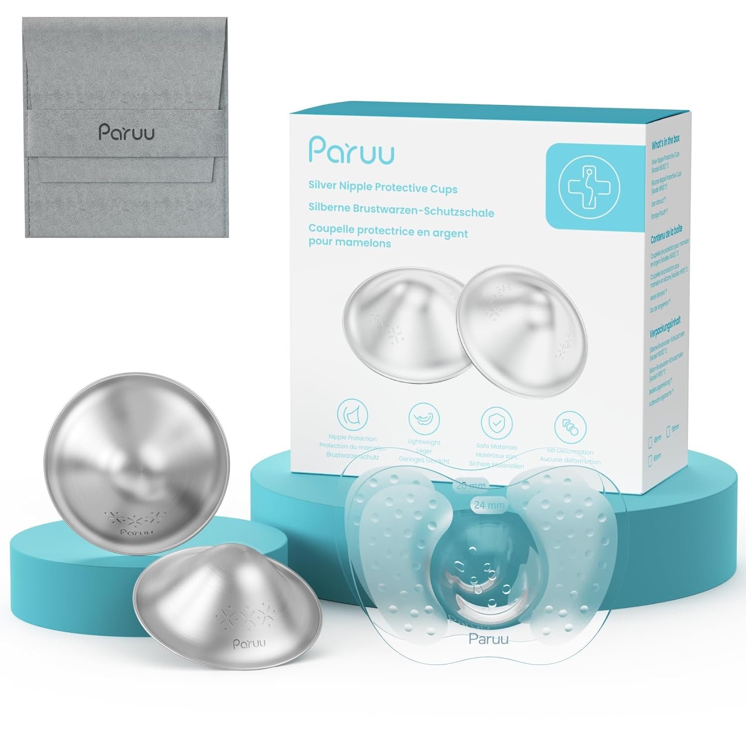 Paruu Silver Silver Nursing Cups | 999 Nipple Shields for Breastfeeding with Silicone Nipple Covers | IBCLC Recommended | Soothe Sore Nipples | Reusable Nipple Protectors for Newborn Moms