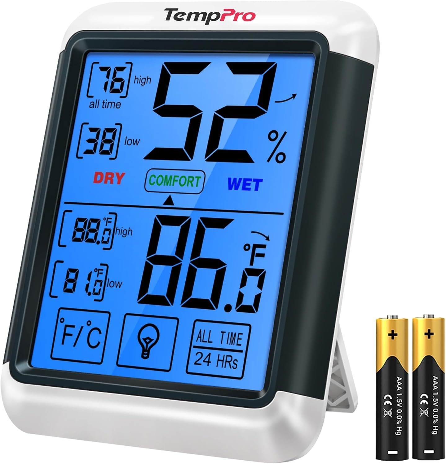 TempPro TP55 Digital Indoor Hygrometer Thermometer, 4-Inch Temperature/Humidity Monitor with Touchscreen and Backlit, Room Thermometer/Humidity Meter for House Home Greenhouse (Previously ThermoPro)