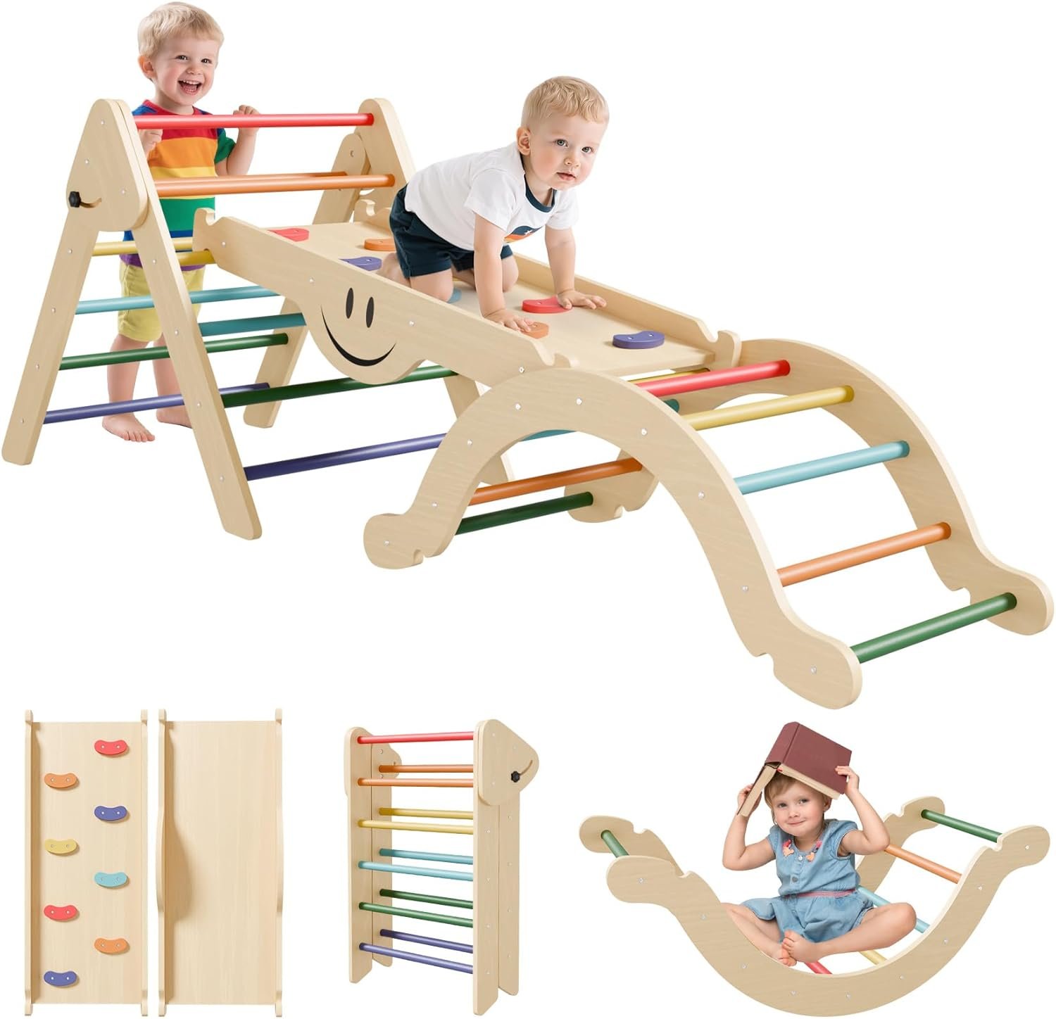 BIERUM Pikler Triangle Set - 8 in 1 Toddler Climbing Toys Indoor Wooden, Montessori Pickler Climbing Set with Ramp, Foldable Baby Climbing Gym, Rainbow