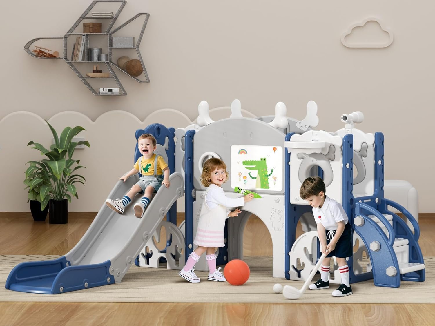 XJD 13 in 1 Toddler Slide Set, Kids Slide for Toddlers Age 1+, New Upgrade with Golf Set, Basketball Hoop, Drawing Board for Indoor Outdoor Playset, Birthday Gifts for Toddler (Blue Gley)