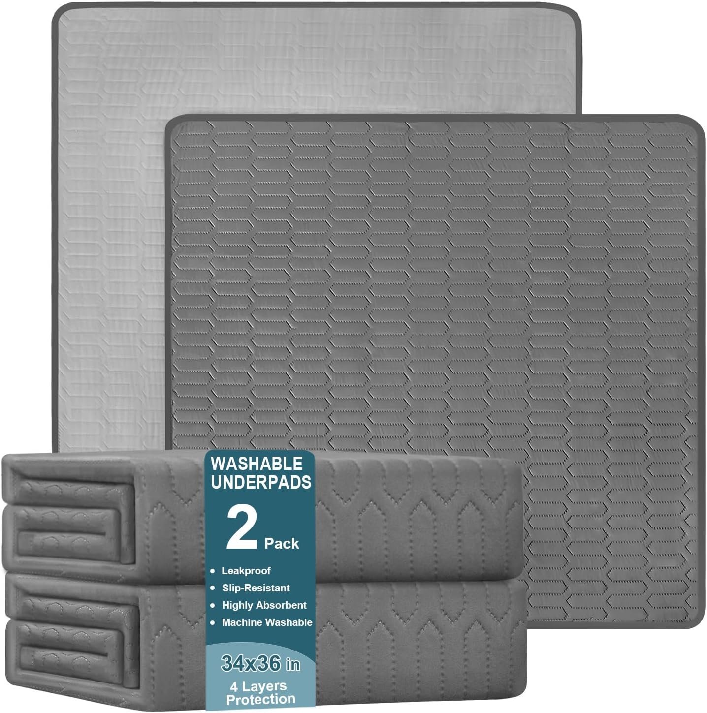 Washable Underpads (34x36 Inch) - Waterproof Reusable Bed Underpads, Heavy Absorbency Incontinence Bed Pads for Adults, Kids, Elderly, and Pets, Leakproof & Non-Slip Mattress Pad for Bedwetting