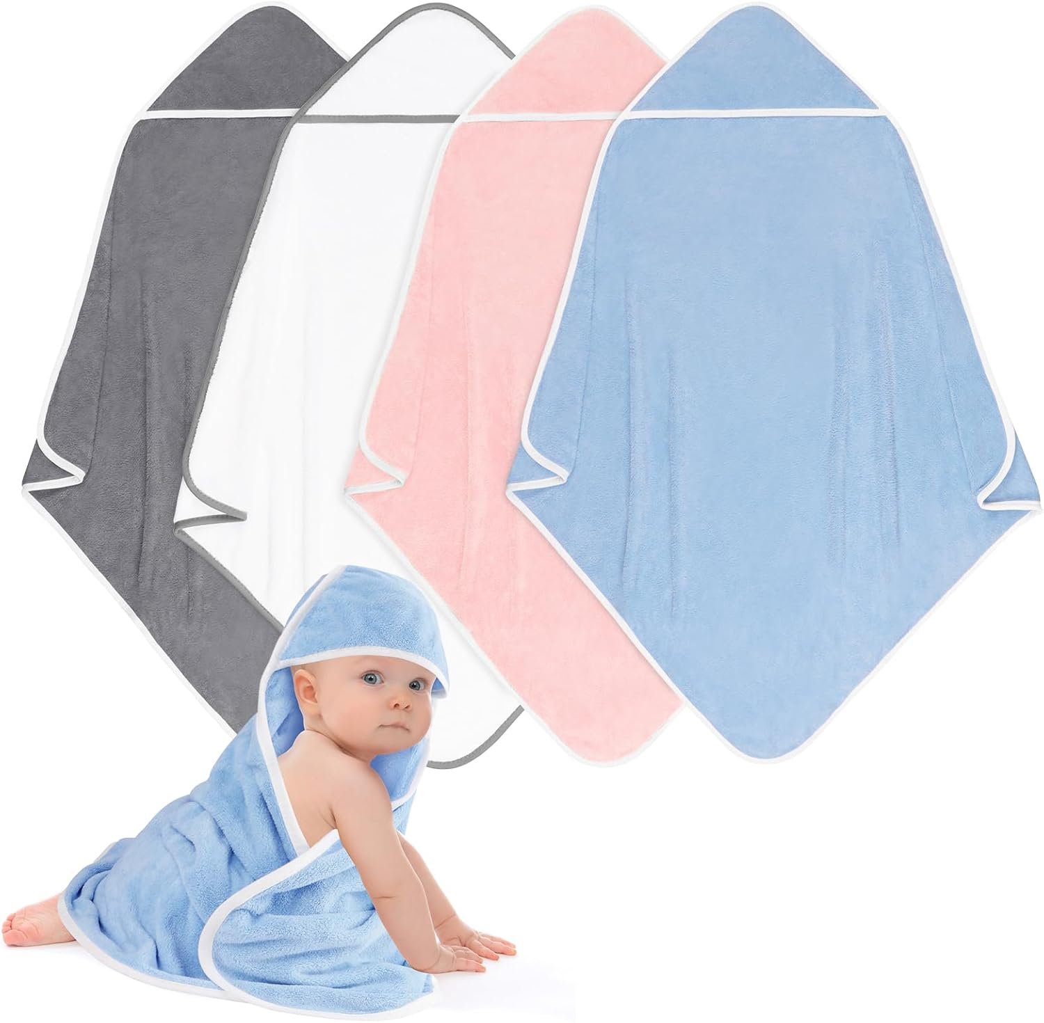 UNIMADE Hooded Towel for Newborn, 4 Pack Soft Coral Fleece Baby Towels, Ultra Absorbent Bath Cloths Bulk for Infants, Toddlers, Newborn Essential- 30 x 30 inch - Multicolor