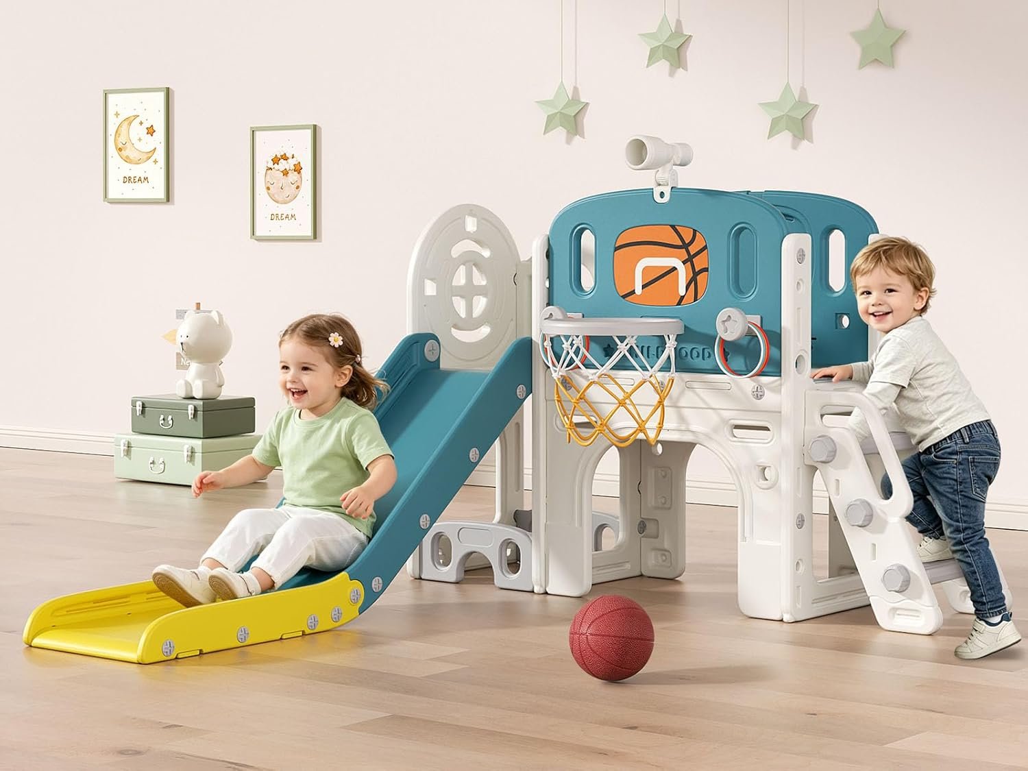 BIERUM 9 in 1 Toddler Slide Set - Baby Slide for Toddlers 1-3 with Ring Toss and Basketball Hoop, Indoor Outdoor Toddler Playset Playground Blue Yellow