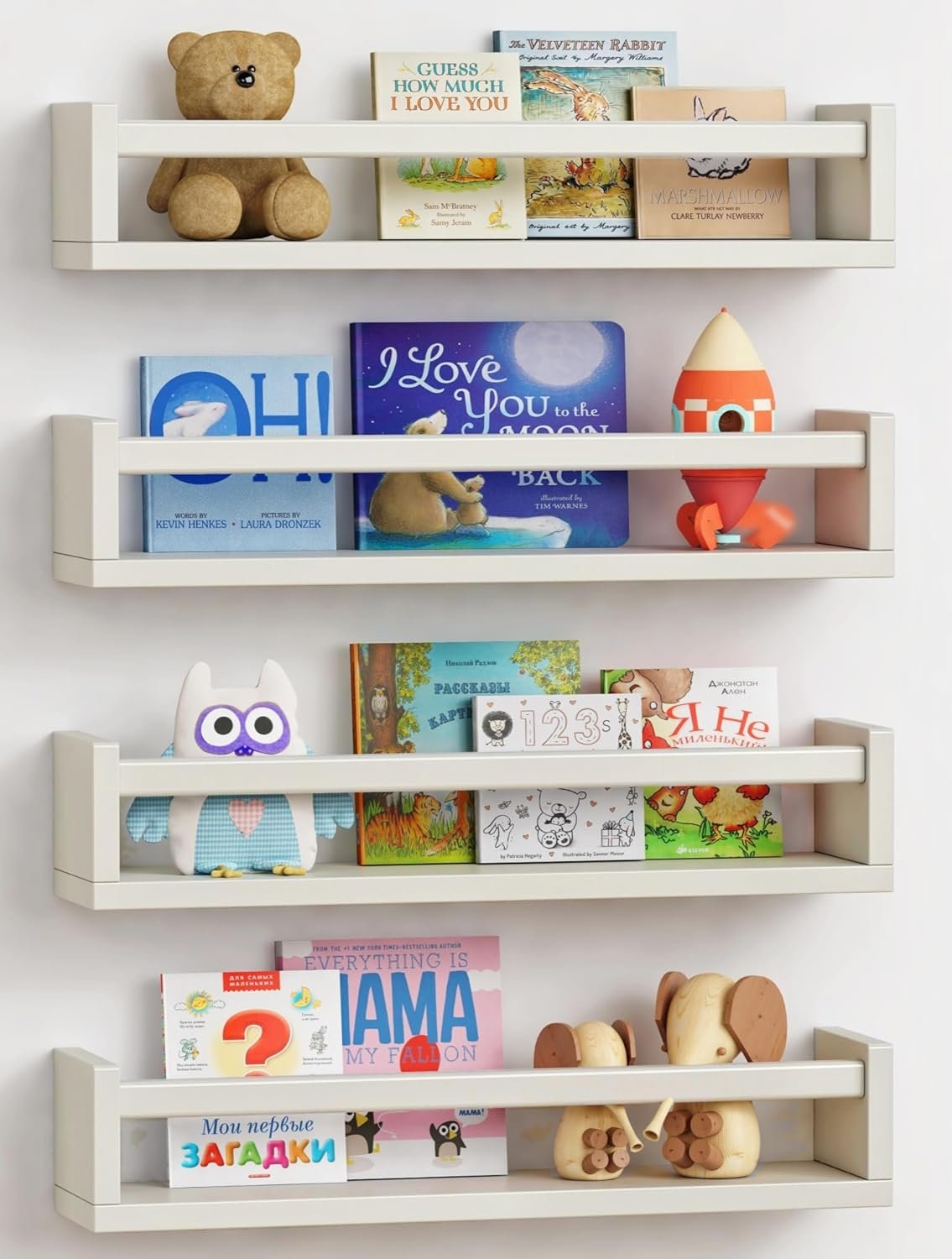 Forbena Floating Nursery Book Shelves for Wall Set of 4, Wall Bookshelf for Kids Room, White Wood Hanging Bookshelves Book Shelf for Baby Toddler Childrens Boy Girl Bedoom Toy and Decor Storage