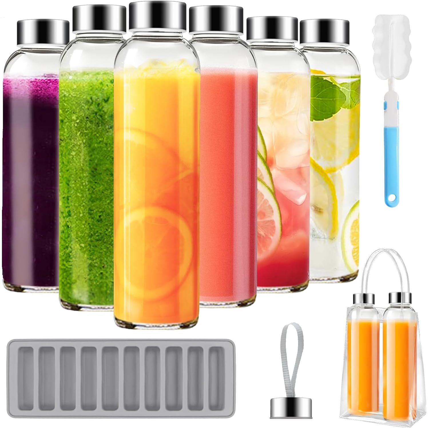 6 Pack Glass Juice Bottles with Caps, 18 oz Clear Reusable Water Bottles with Stainless Steel Lid, Leak Proof Juice Containers Glass Bottles for Juicing Beverage Refrigerator Travel