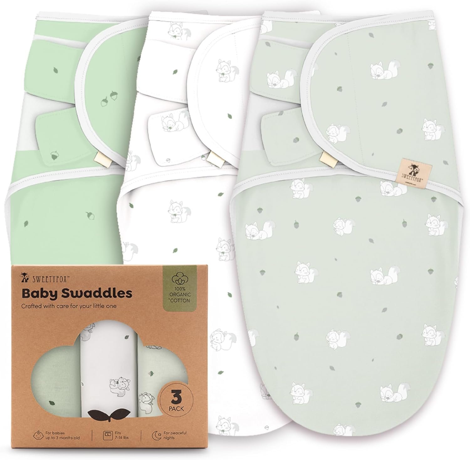 Sweety Fox 3-Pack Organic Baby Swaddles - Swaddles for Newborns, Infant 0-3 Months, Baby Girls, Boys, Soft & Snug Newborn Nursery Swaddling Blankets (Squirrel)