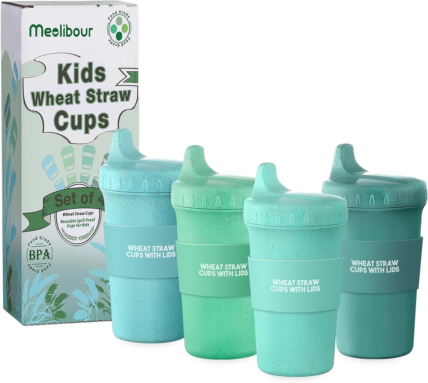 Meolibour 4 Packs Wheat Straw Sippy Cups for Toddlers Kids, Reusable Plastic Spill Proof Cups for Kids Baby, Dishwasher/Microwave Safe - Unbreakable Hard Spout Sippy Cups for Toddlers