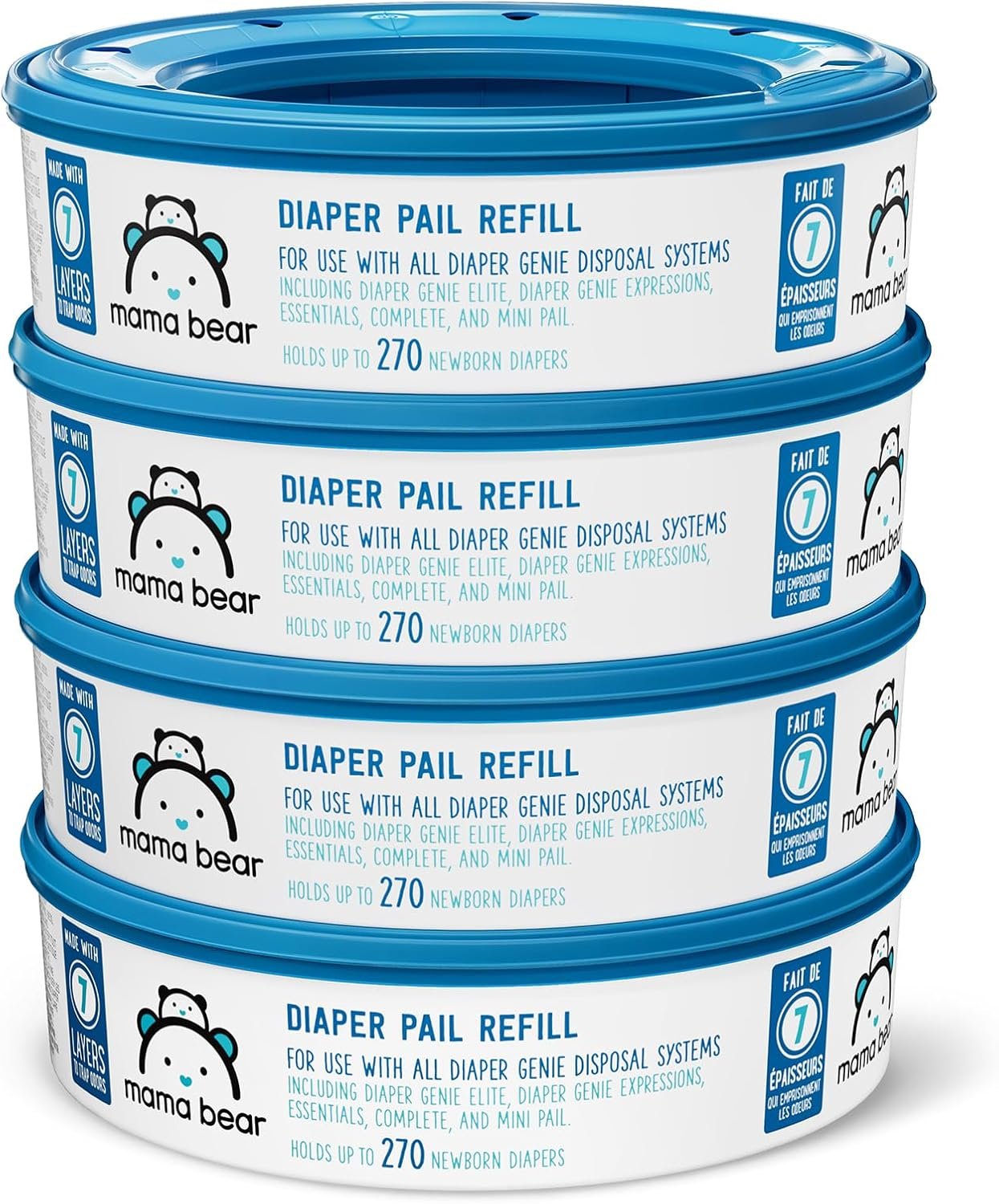 Amazon Brand - Mama Bear Diaper Pail Refills with Odor Control for Diaper Genie Pails, Unscented, 1080 Count (4 Packs of 270 Count)