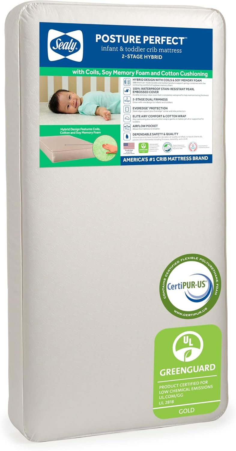 Sealy Baby Posture Perfect Breathable Crib Mattress, GREENGUARD Gold Certified, Made in USA, 2 Stage Hybrid Memory Foam & 150 Premium Coils, Toddler Bed Fit, Safety & Quality Tested, 52x28"