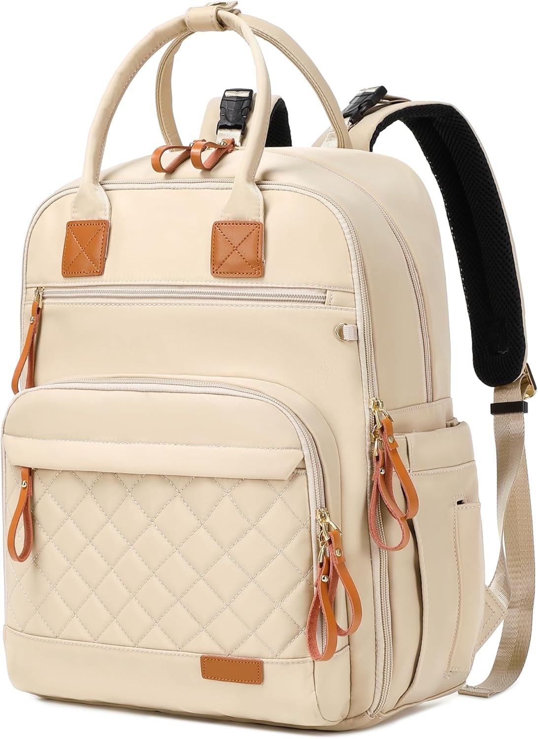 LORADI Nylon 18 Pockets Diaper Bag Backpack with Wet Pockets and Stroller Clips, Convertible Diaper Bag, Beige, Large