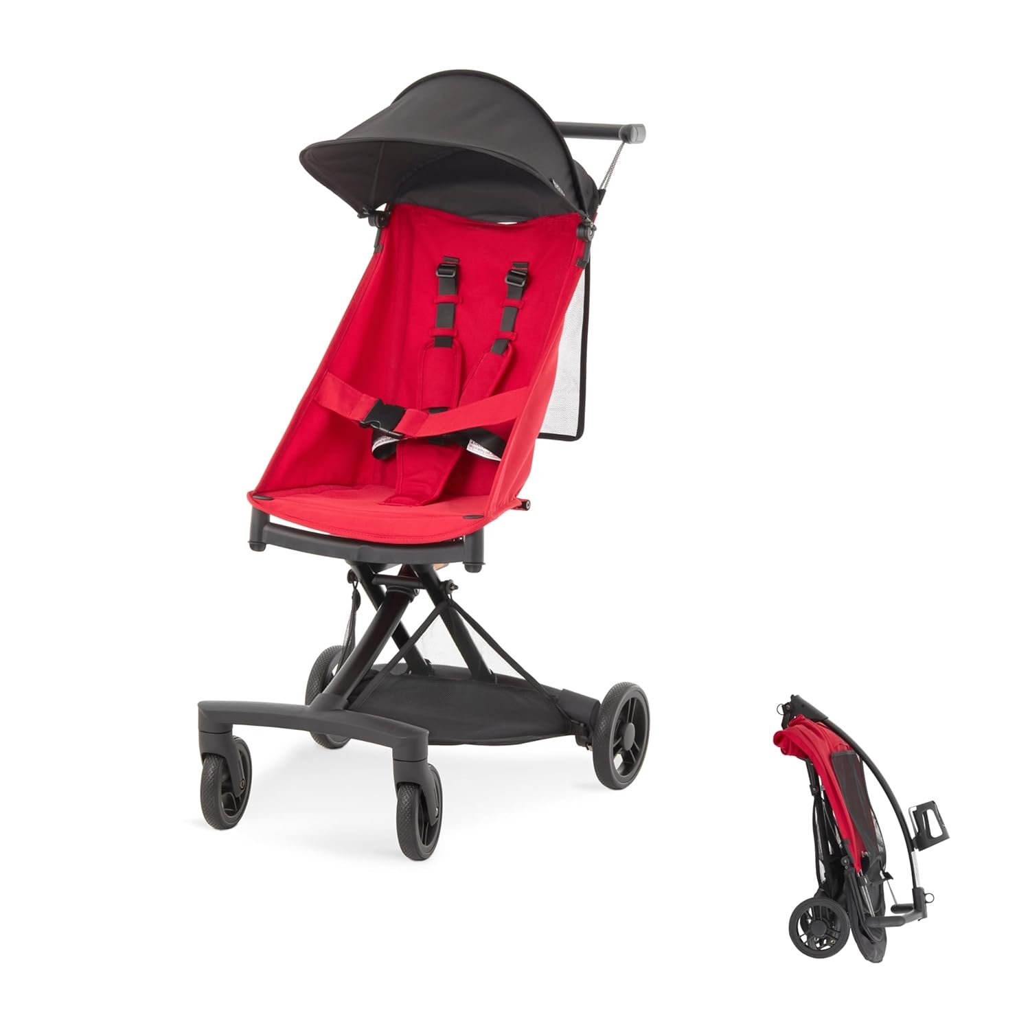 Evolur Roamer Ultra Lightweight Stroller, Compact One-Hand Self-Standing Fold Travel Stroller with 5-Point Safety Harness, Adjustable Sun Canopy, 360° Rotating Wheels with Cup Holder - Red