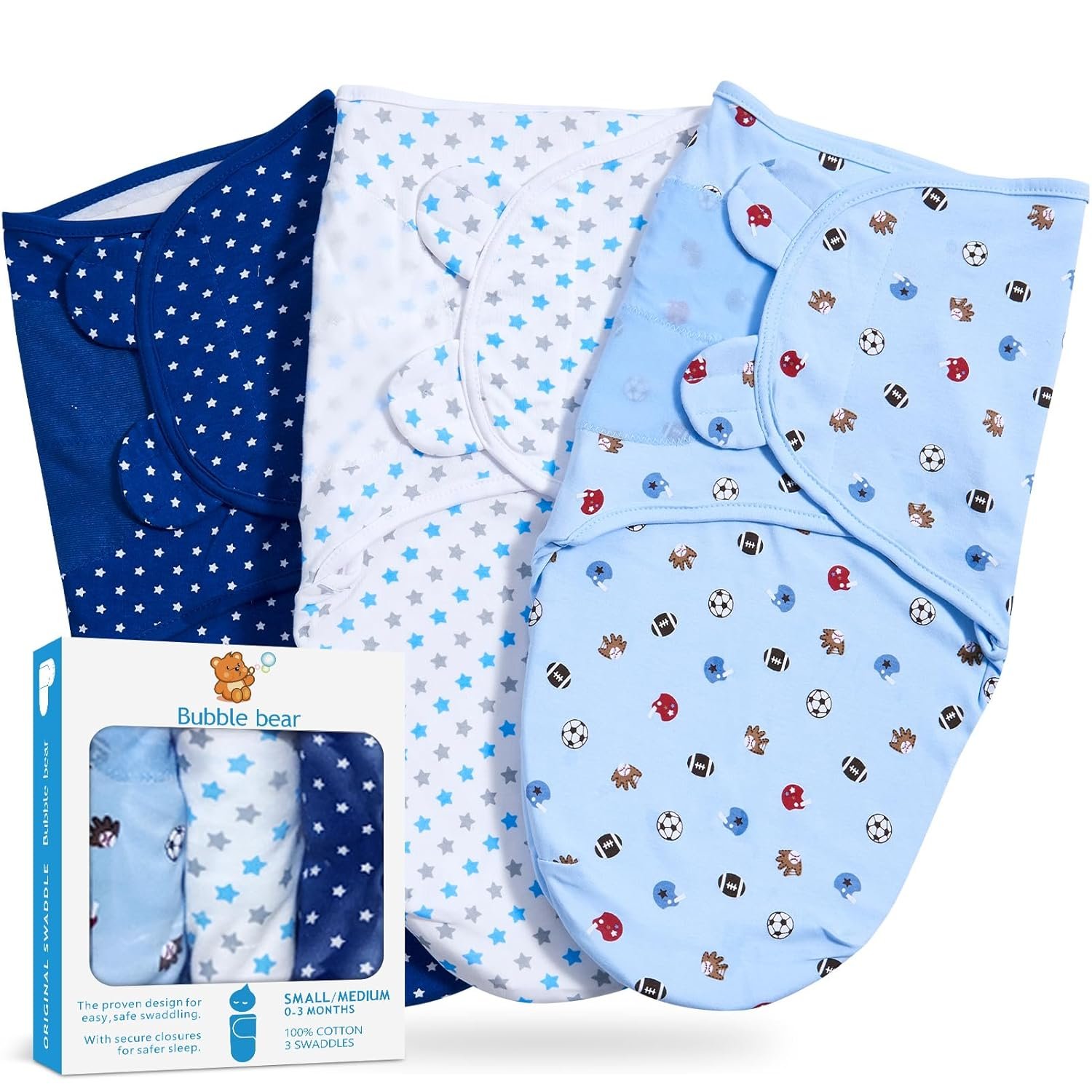 Bubble bear 3 Pack Baby Swaddle 0-3 Months - Infant Adjustable Newborn Swaddles Blanket Baby Girl Boy, Swaddling Wrap Blanket Sleep Sack for Newborn-Blue