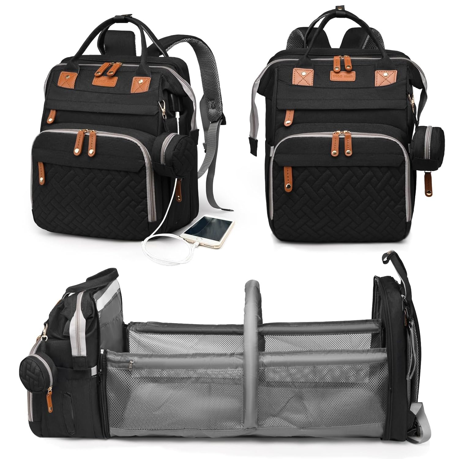 Astro alan Baby Diaper Bag with Changing Station, Waterproof Diaper Bag Backpack for Moms Dads with USB Charging Port, Baby Shower Gifts, Large Capacity diaper backpack, Black