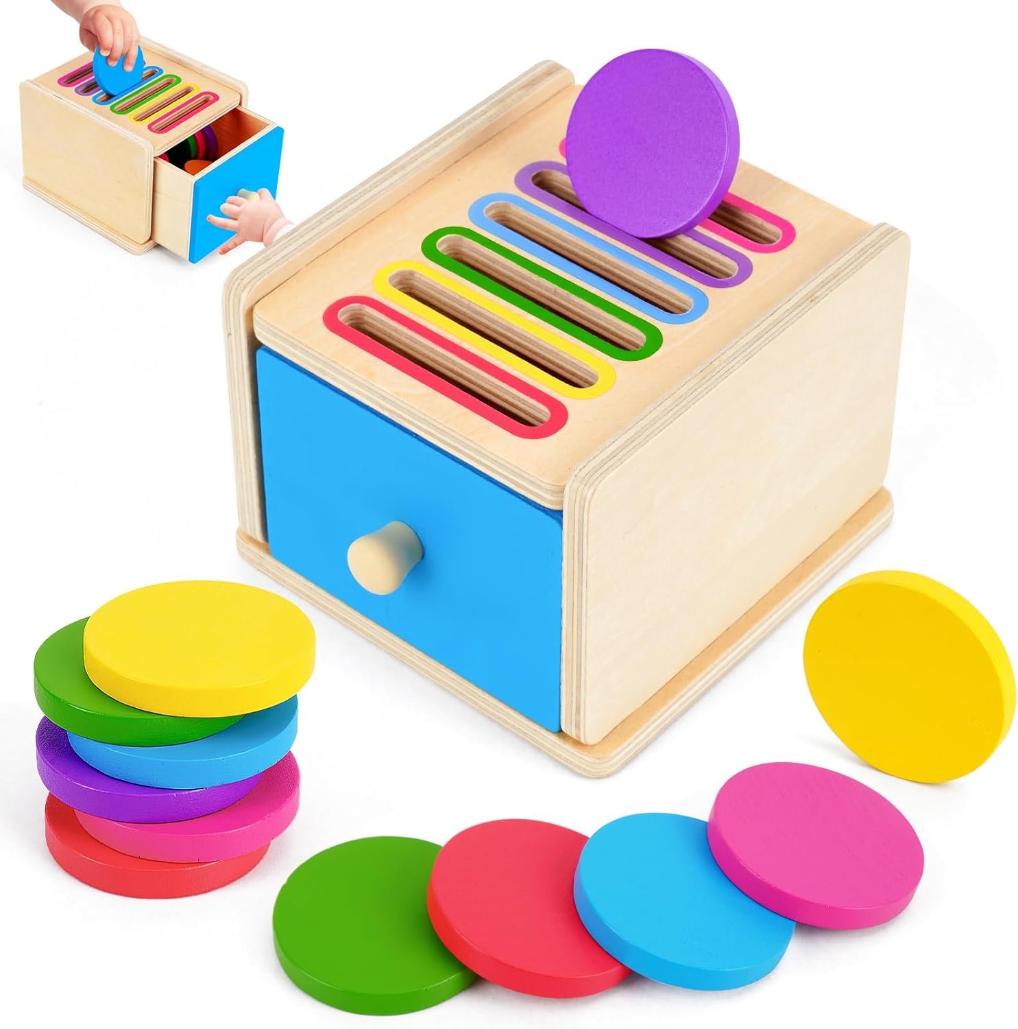 FCSONU Toddlers Montessori Coin Box Toys for 1 2 3 Year Old Boys Girls, Drawer Box Toy for Ages 2-4 Kids, Learning Color Sorting Sensory Toys, Easter Birthday Gifts for Baby 12-18 Months