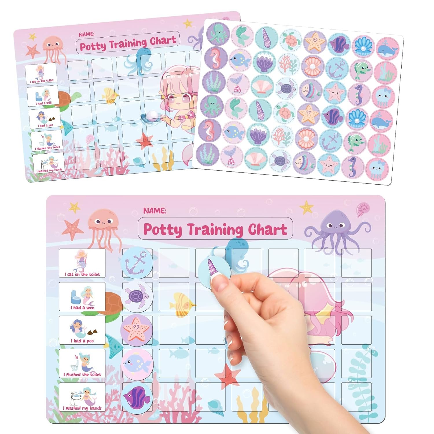 GWHOLE Potty Training Chart Magnetic Mermaid Themed Potty Chart for Toddlers Girls Boys, Potty Sticker Chart with 48 Magnetic Reward Stickers