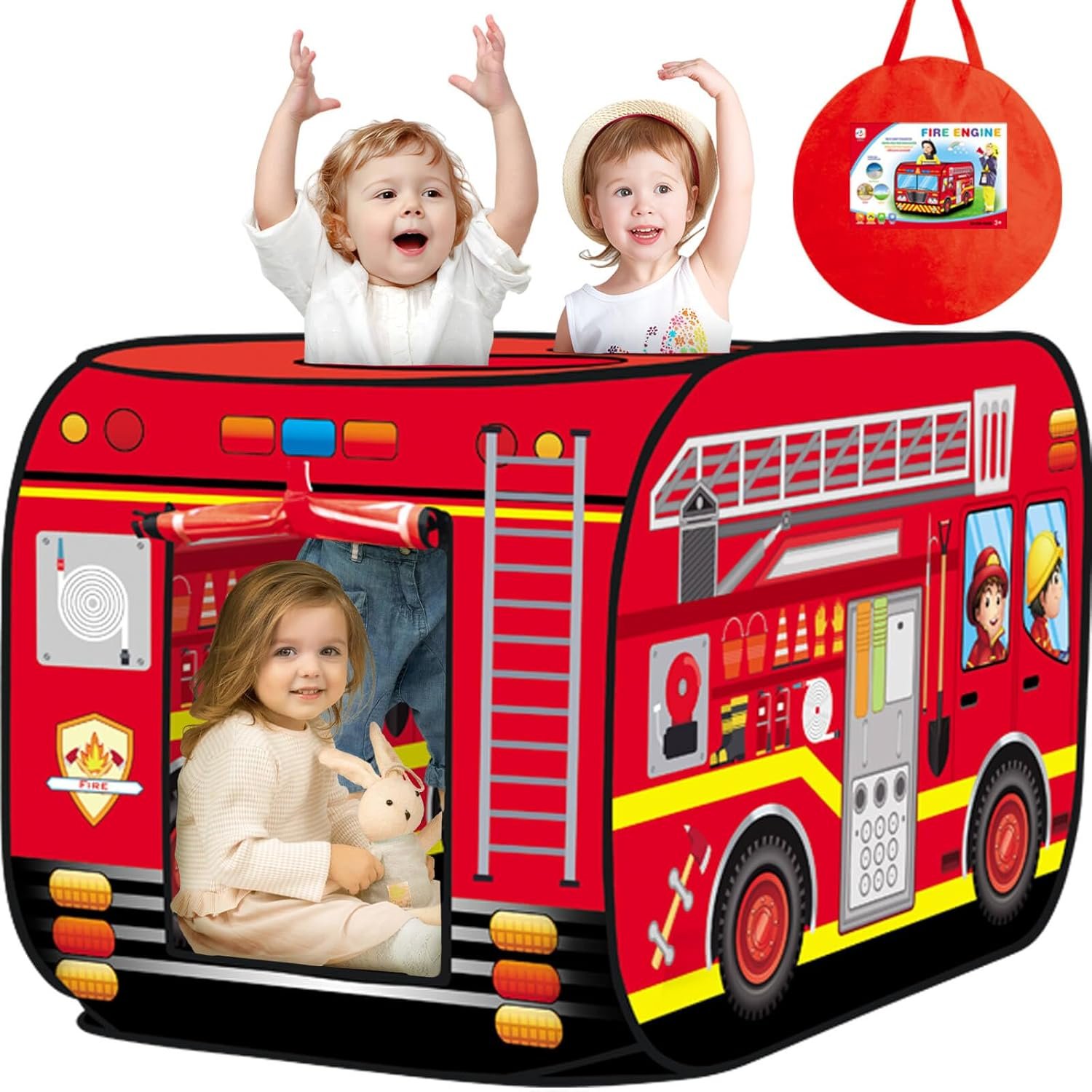 Pop Up Play Tent for Kids Aged 3-5 Years Old Boys and Girls : Fire Truck Tent Playhouse Toy Play Tents for Toddlers 3-5 Kids Tent Indoor Outdoor Playhouse Toys for 3 + Year Old, Fire Truck