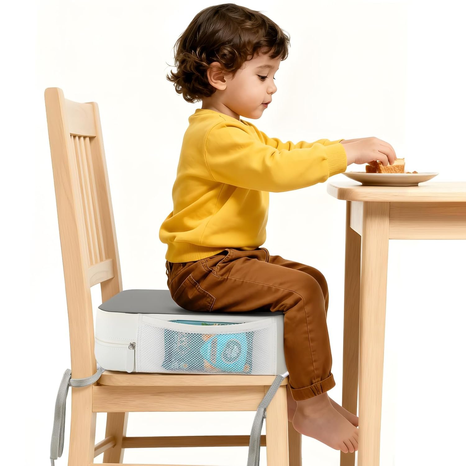 Booster Seat for Kitchen Chair, 3.8" Toddler Booster Seats for Dining Table with Ties, PU Dining Booster Seat with Side Pockets, Non-Slip & Removable Booster Seat for Table Increasing Cushion (Grey)