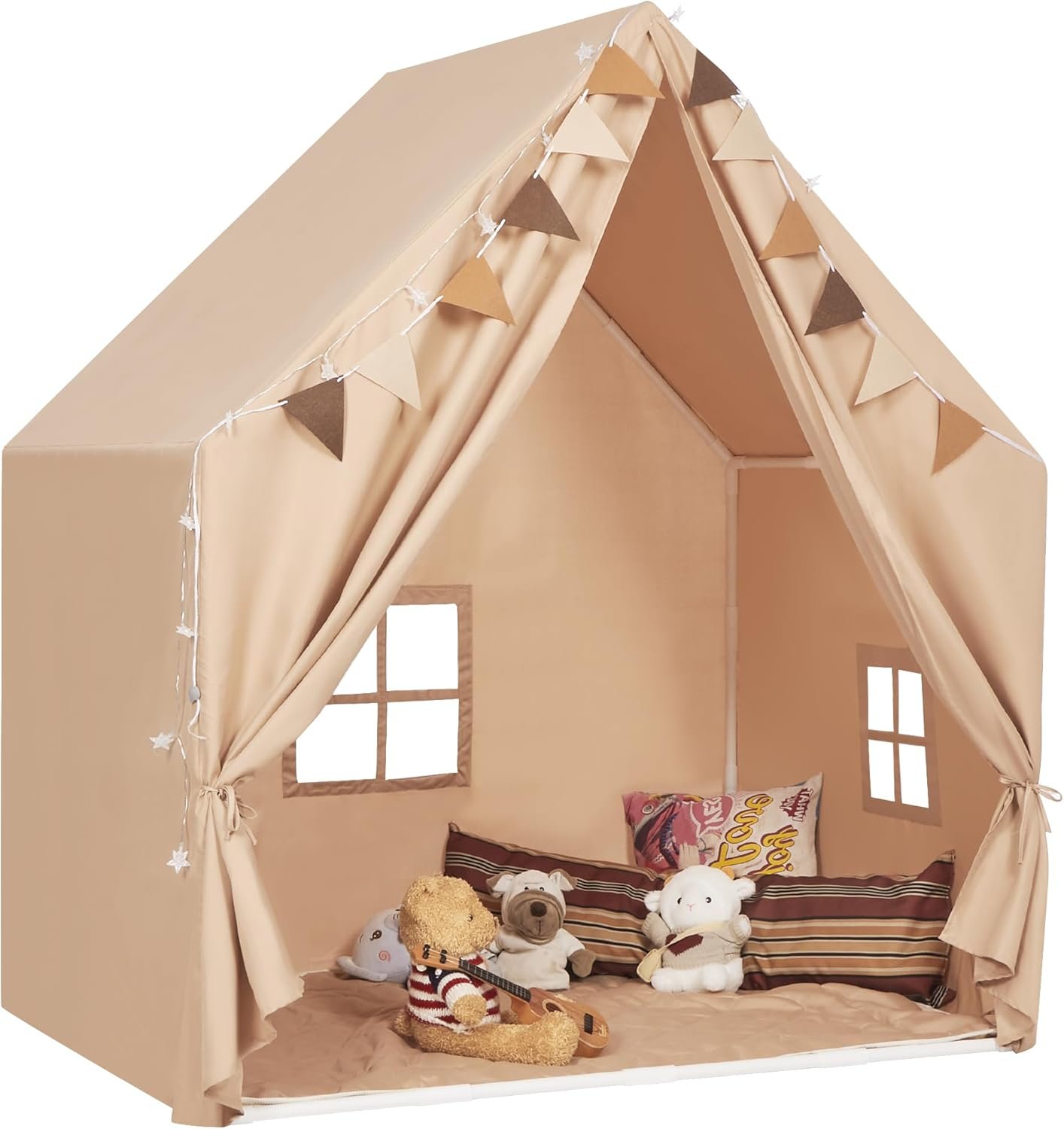 Kids Play Tent with Padded Mat & Star LED Lights for Ages 4-8-10 Year Old Girls Boys, Large Cute Indoor Play Room House Tent for Toddler Children
