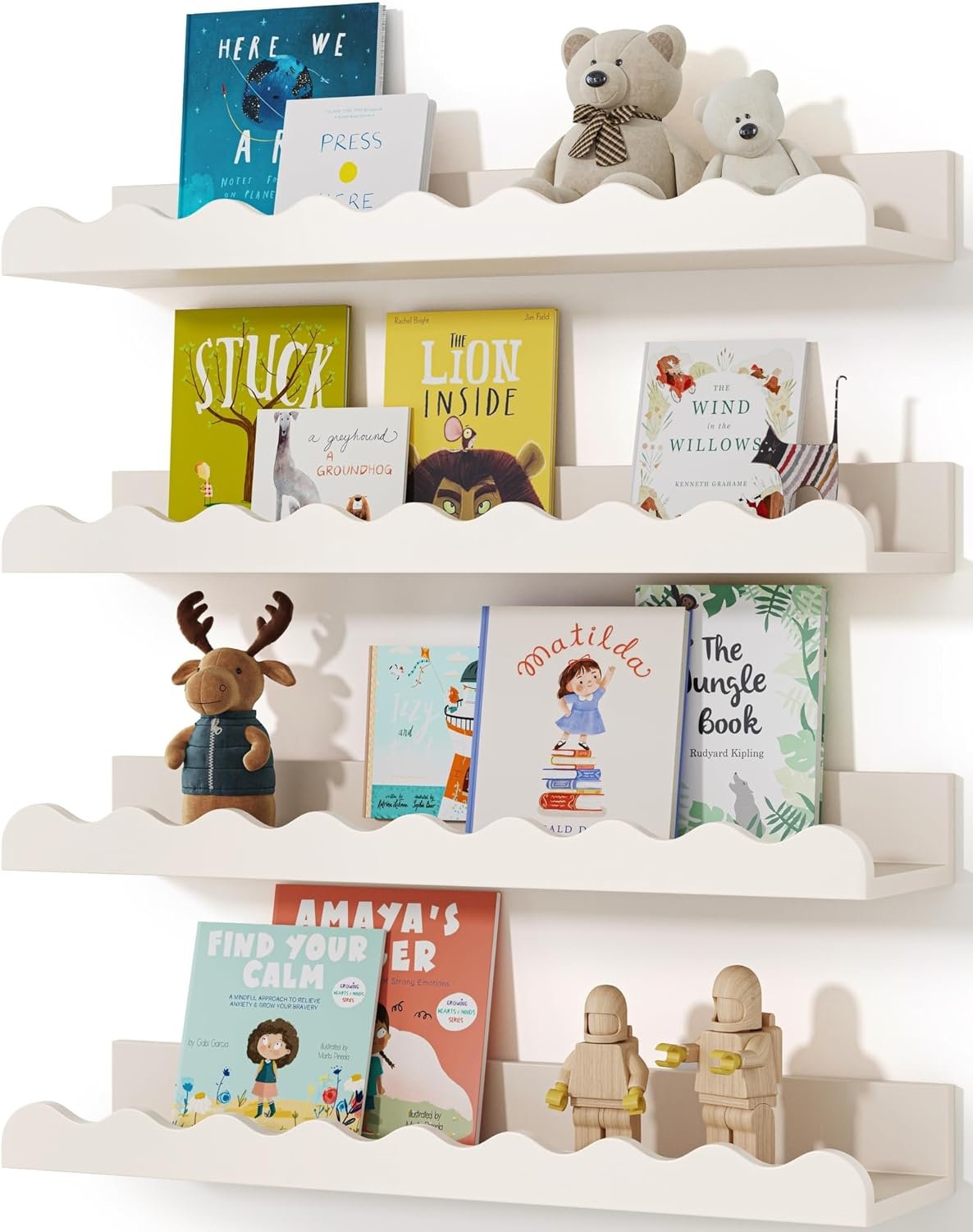 Seocry Kids' Bookshelf Set of 4 - White Floating Nursery Book Shelves, Picture Ledge Shelf for Wall Decor and Storage - Perfect for Books, Toys, Photo Frames, and Nursery Décor