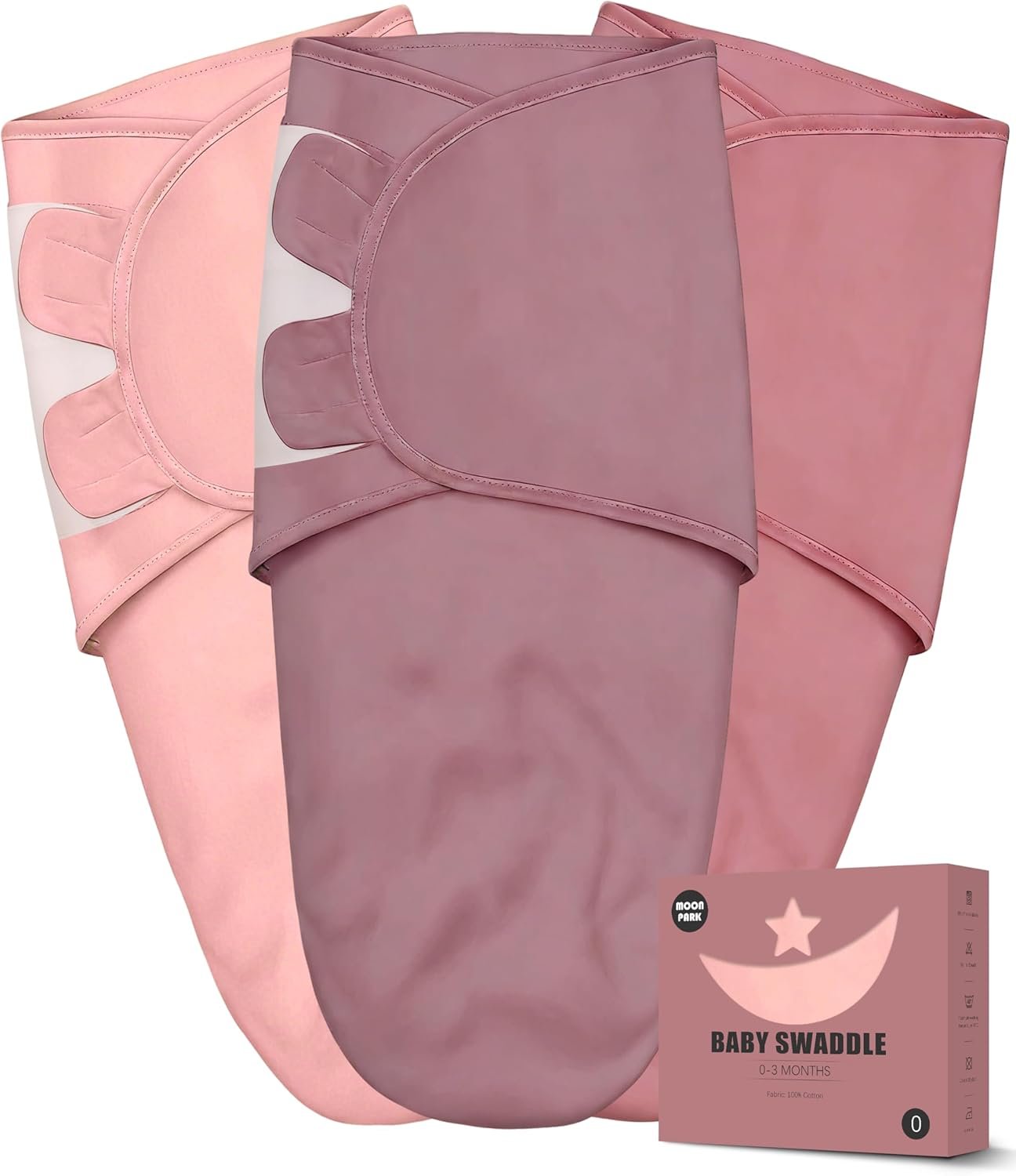 Newborn Swaddle Blanket Wrap 0-3 Months (3-Pack) - Adjustable Infant Sleep Sack, 100% Cotton Anti-Startle Soothing Sack, Soft Breathable Nursery Bedding - Dusty Rose + Pearl + Mauve