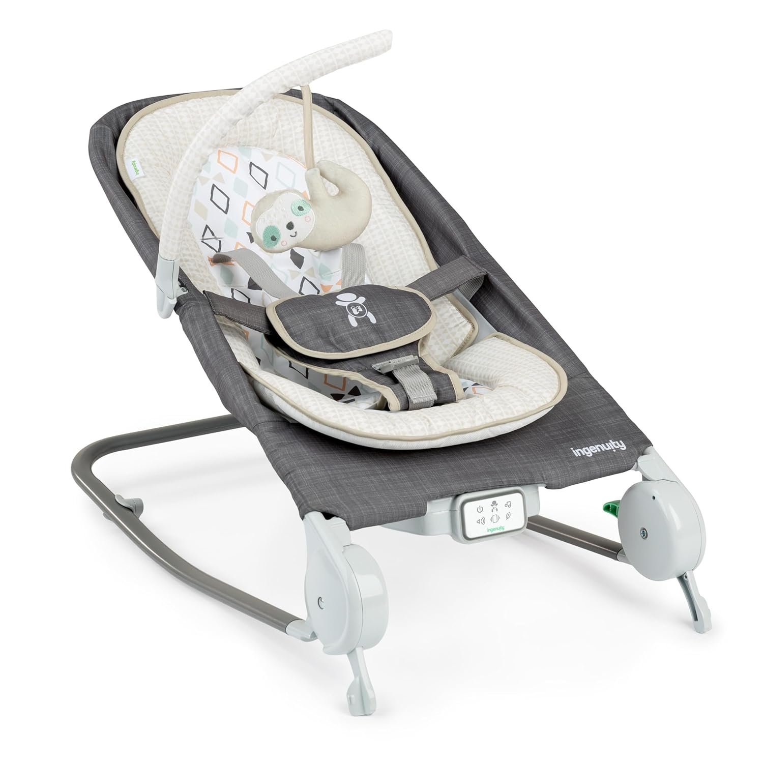 Ingenuity Gas Relief and Anti-Colic Baby Bouncer Seat and Rocker, Gentle Belly Massage to Relax and Soothe Bellies, Instant Tummy Soother, 20 Songs and Melodies – Parker