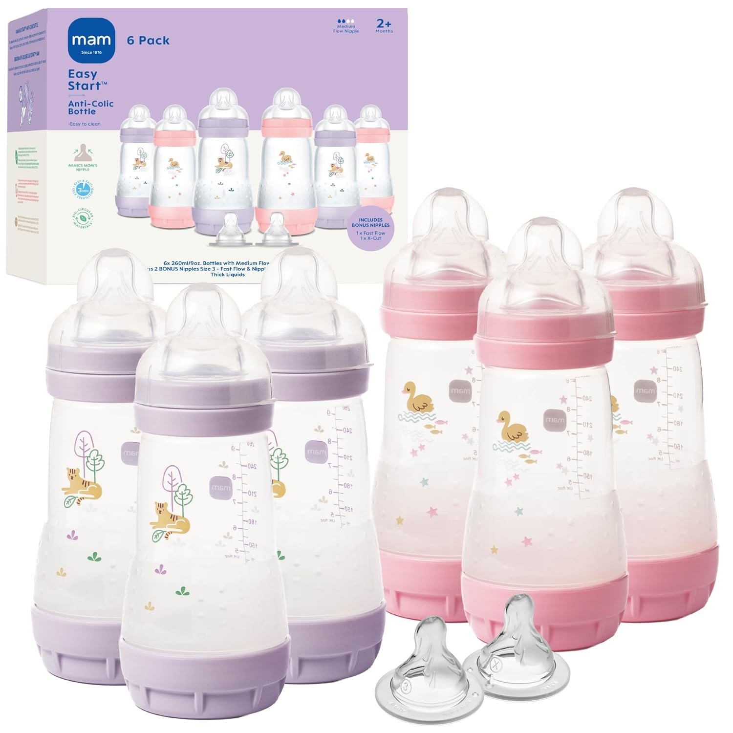 MAM 9oz Easy Start Anti-Colic+ Baby Bottles, Medium Flow with 2 Bonus Nipples Set (Fast & Extra Fast Flow), Reduces Colic, Gas, & Reflux, Easy-to-Clean, BPA-Free, 2+ Months, Made in Europe 6 Pk, Girl