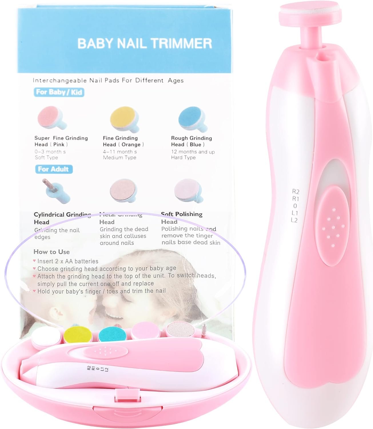 Electric Baby Nail Trimmer, Safe Gentle Nail File Grinder Kit with LED Light, Whisper Quiet, 6-in-1 Nail Care Set for Newborns Toddlers Kids & Adults, Adjustable Speed & Rotation, Portable Travel.Pink