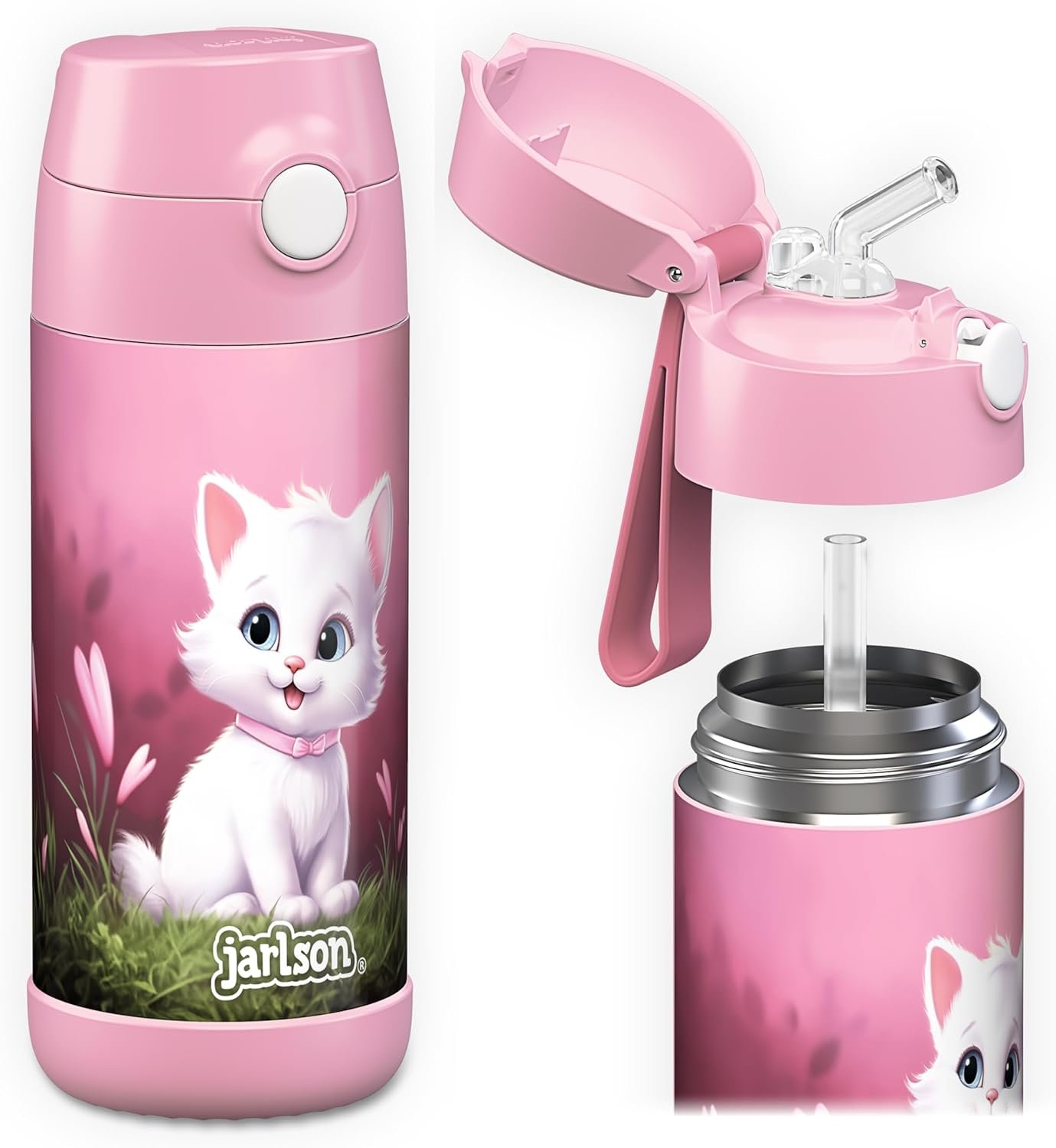 Jarlson® Kids Water Bottle CHARLI [12OZ] - Stainless Steel Thermo Bottle with Straw - Insulated, Spill Proof Waterbottle for School & Sports - Thermo Tumbler for Boys & Girls (Cat)