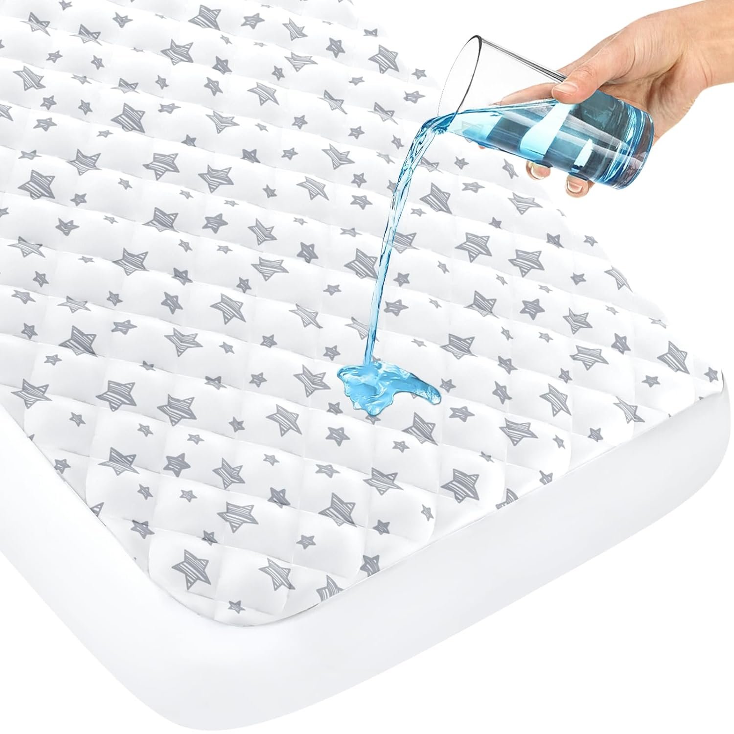 Crib Mattress Protector Waterproof, Quilted Crib Mattress Pad Cover 52" x 28" Extra Soft Breathable Toddler Bed Cover Stretch Up to 8", White Star
