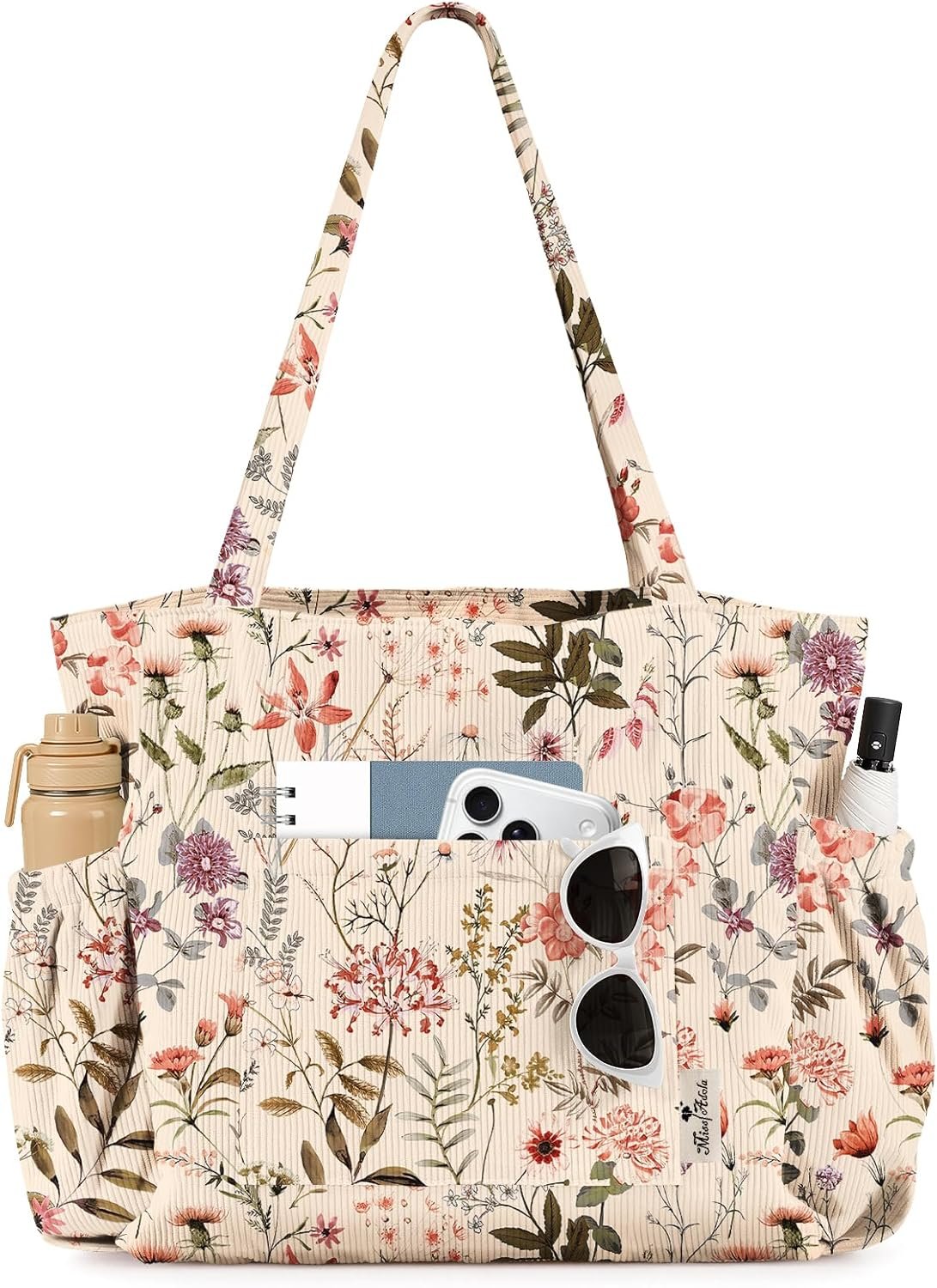 Miss Adola Cute Corduroy Tote Bag for Women - Large Capacity Multi-Pocket Shoulder Bag with Zipper