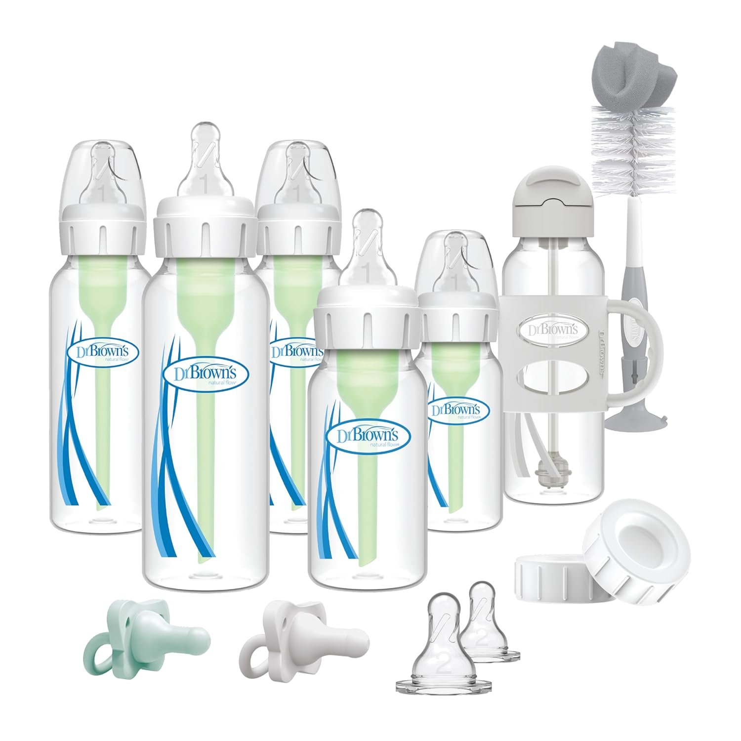 Dr. Brown's Anti-Colic Options+ Narrow Bottle Gift Set with Sippy Straw Bottle, HappyPaci Silicone Pacifiers, Storage/Travel Caps, and Bottle Brush, Green/Gray