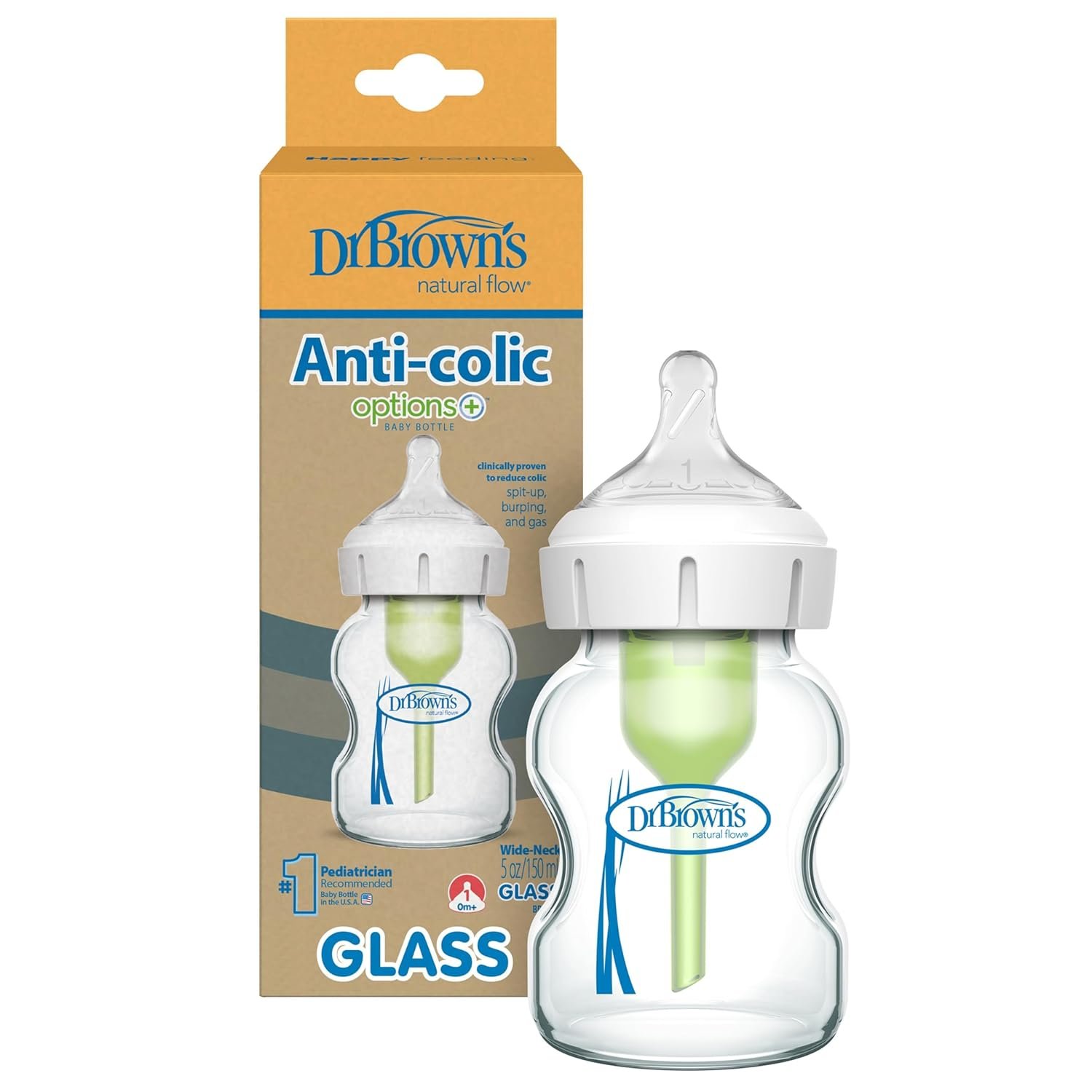 Dr. Brown's Natural Flow Anti-Colic Options+ Wide-Neck Glass Baby Bottle 5 oz/150 mL, with Level 1 Slow Flow Nipple, 1 Pack, 0m+