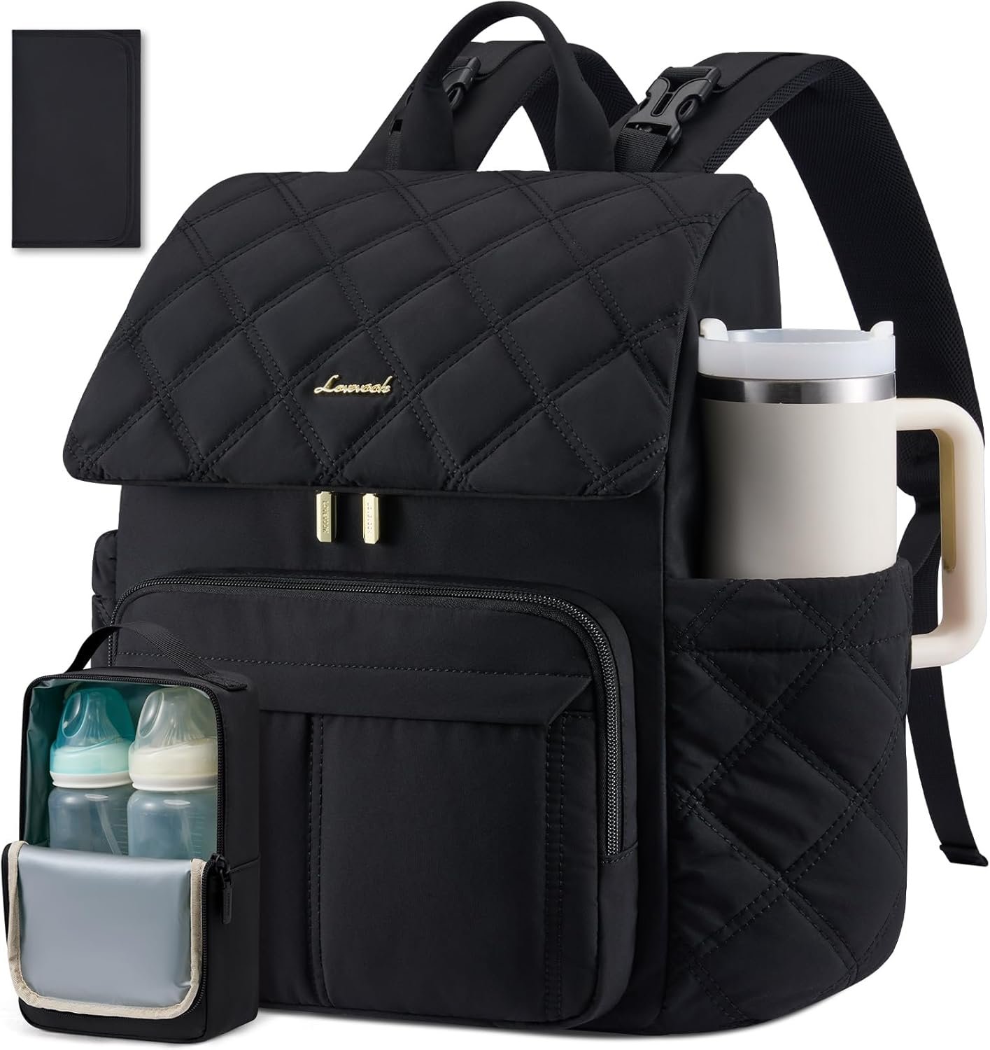 LOVEVOOK Diaper Bag Backpack With Pocket For Large Capacity Cup,Multi-Function Baby Travel Bag For Mom Dad,Waterproof Baby Bag for Boys Girls with Changing Pad,Insulated Bag,Stroller Straps,Black