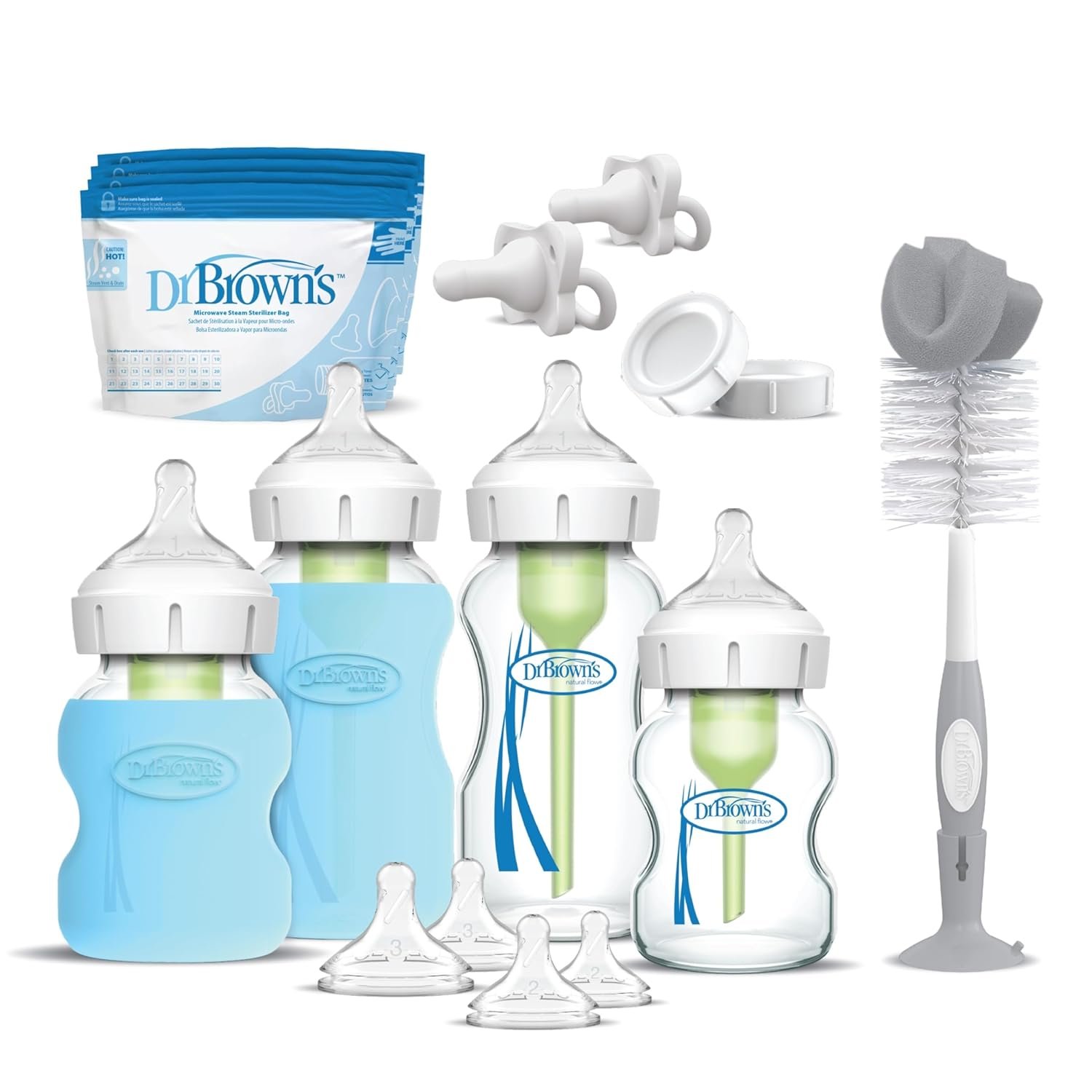 Dr. Brown's Anti-Colic Options+ Wide-Neck Glass Baby Bottle Starter Set - Silicone Bottle Sleeves, Level 1, 2, 3 Nipples, HappyPacis, Storage Caps, Bottle Brush (Packaging May Vary)