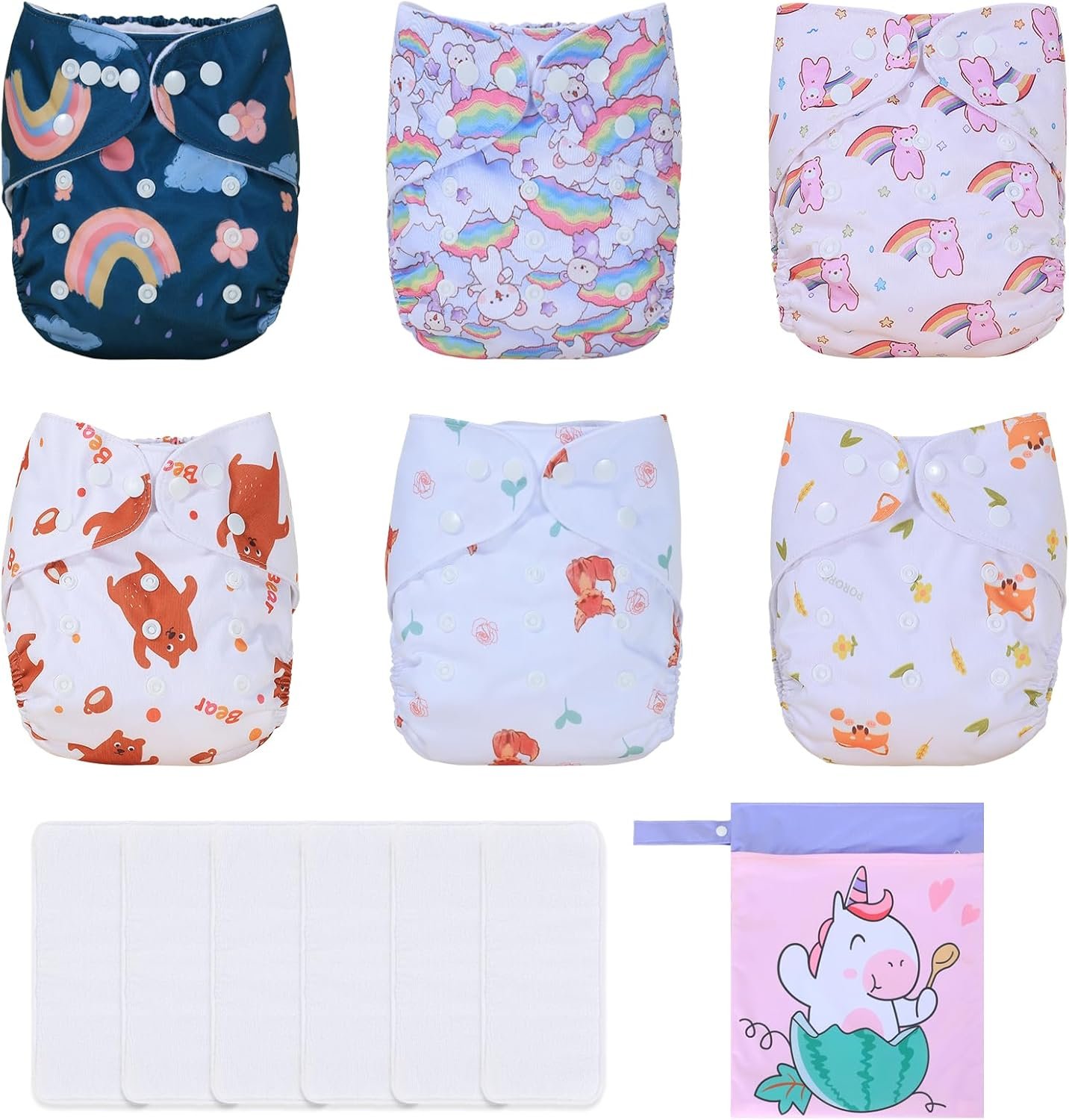 TDIAPERS Cloth Diapers Reusable Washable Pocket Diapers Cover One Size Adjustable for Baby Snaps Cloth Diapers Nappy 6 Pack with 6 Pcs Microfiber Inserts,1 Wet Bag
