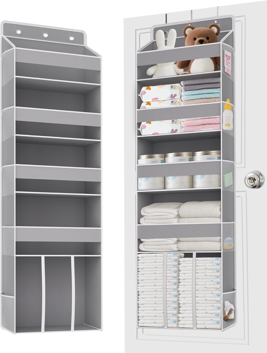 TAHAVICE Heavy Duty Over the Door Organizer with Large Capacity Caddy, Behind Door Storage with 10 Mesh Side Pockets, Back of Door Hanging Organizer for Closet, Bathroom, Laundry