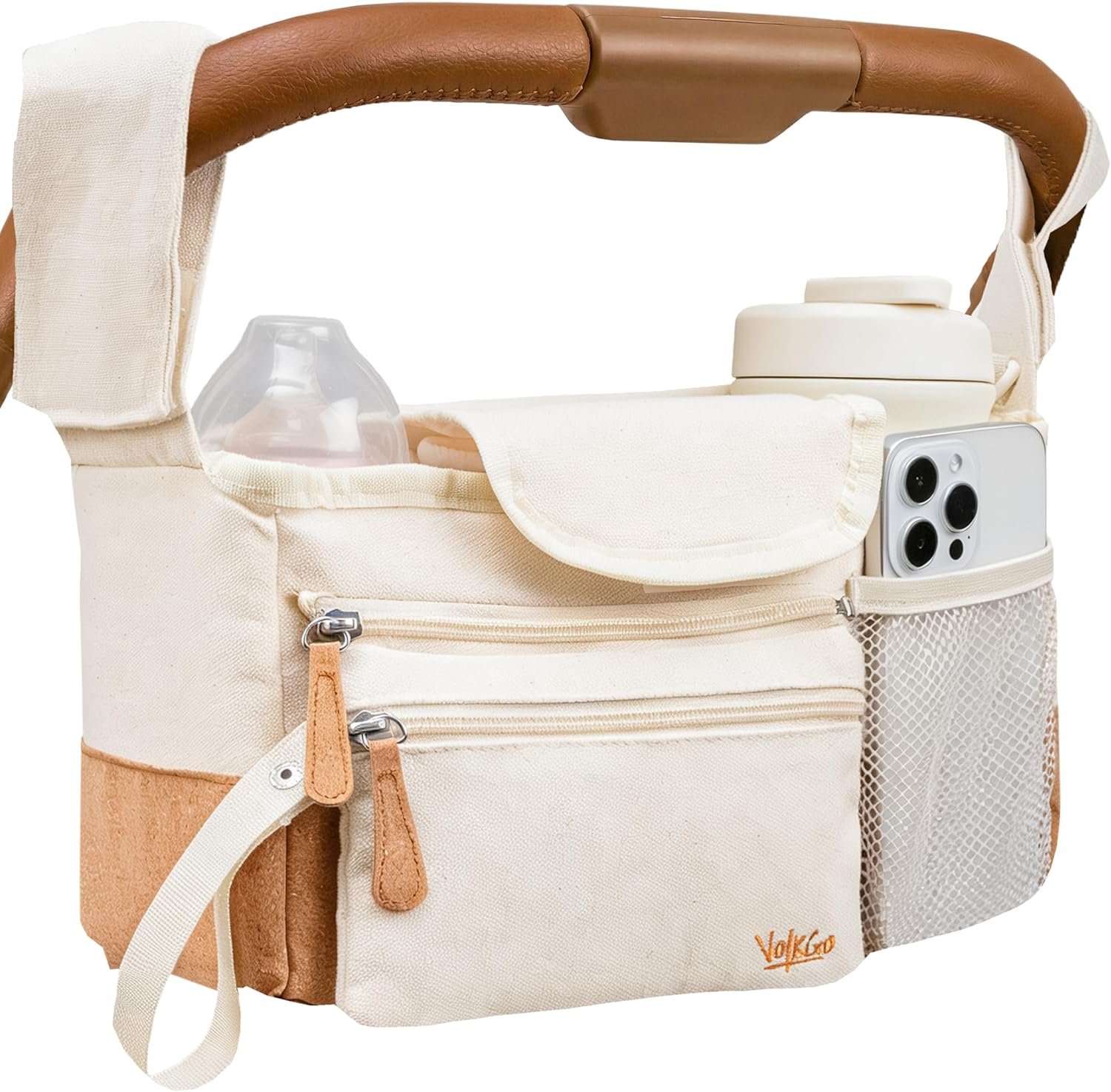 V VOLKGO Stroller Caddy with Cup Holder - Stroller Organizer Bag for Baby Travel Gear, Baby Bottle Organizer & Baby Diaper Caddy | Insulated XL 40oz, Detachable Wristlet, Premium Canvas & Natural Cork