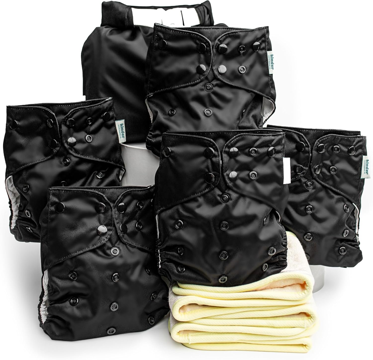Kinder Cloth Diapers Set of 5 Reusable Baby Diapers Pocket Style Athletic Wicking Jersey, Bamboo Viscose Inserts, Wet Bag, Newborn to Potty Training 7-60lbs, One Size (Midnight)