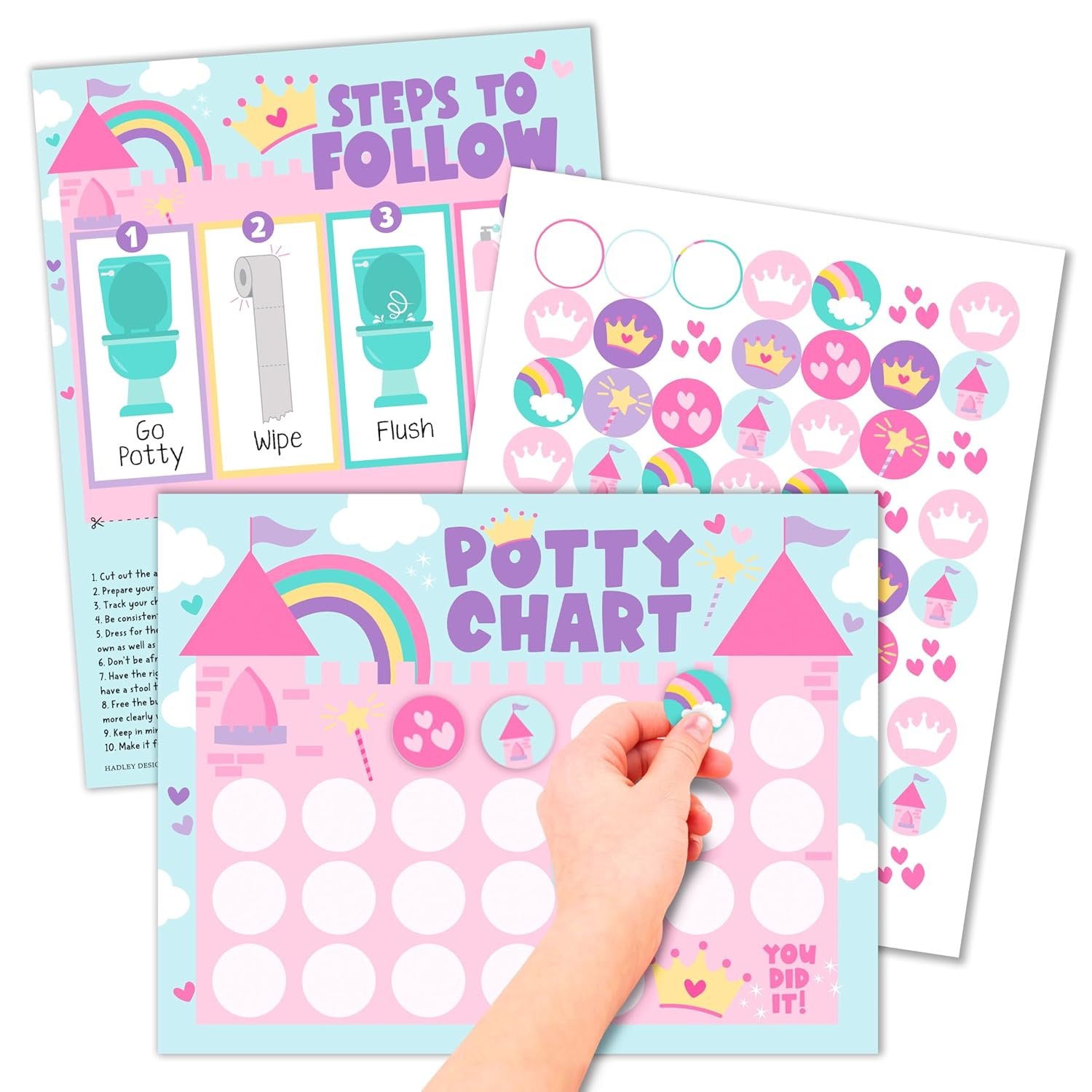 Hadley Designs Potty Training Chart for Toddlers Girls -10 Sticker Potty Chart for Toddlers Girls, 8.5x11" Potty Training Sticker Charts for Toilet Success, Princess Toddler Reward Chart for Kids