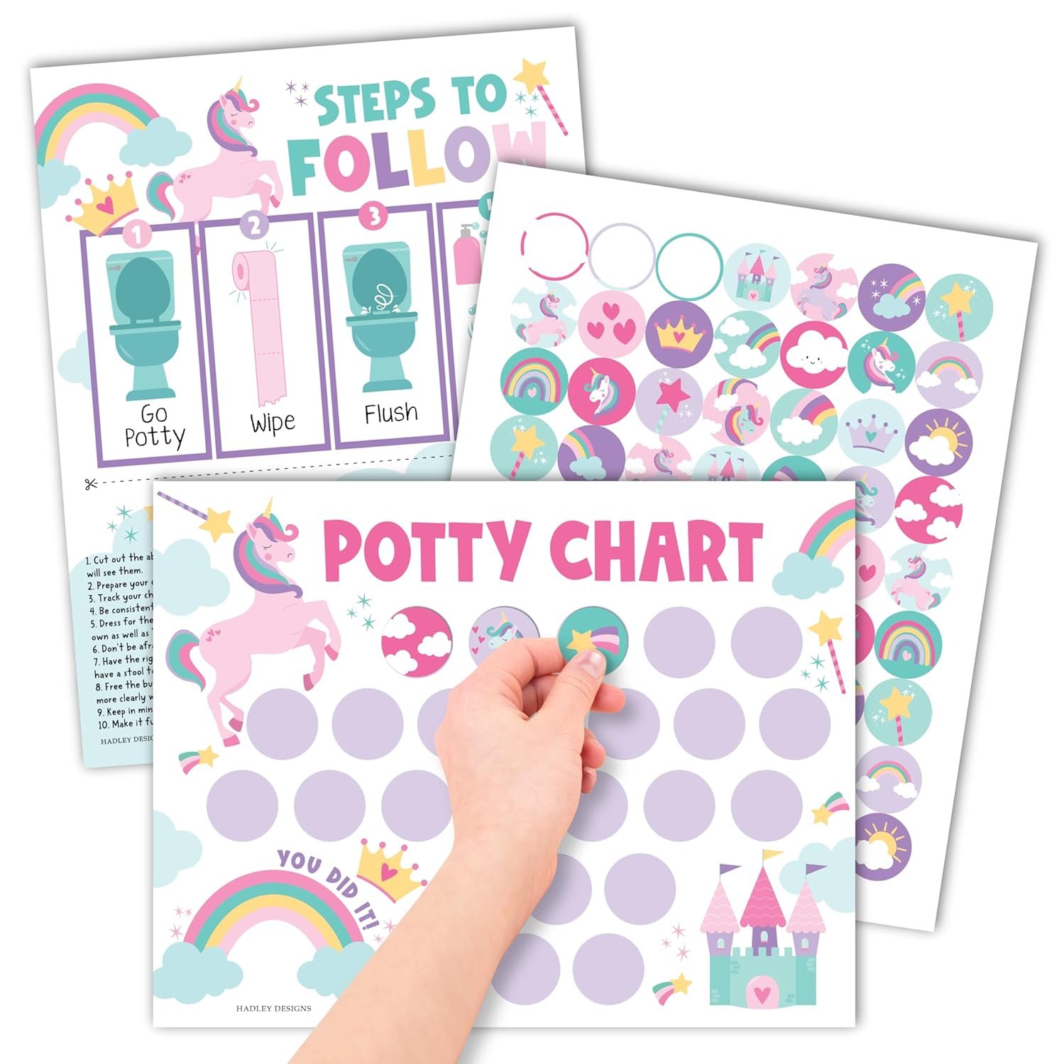 Hadley Designs Potty Training Chart for Toddlers Girls -10 Sticker Potty Chart for Toddlers Girls, 8.5x11" Potty Training Sticker Charts for Toilet Success, Unicorn Toddler Reward Chart for Kids
