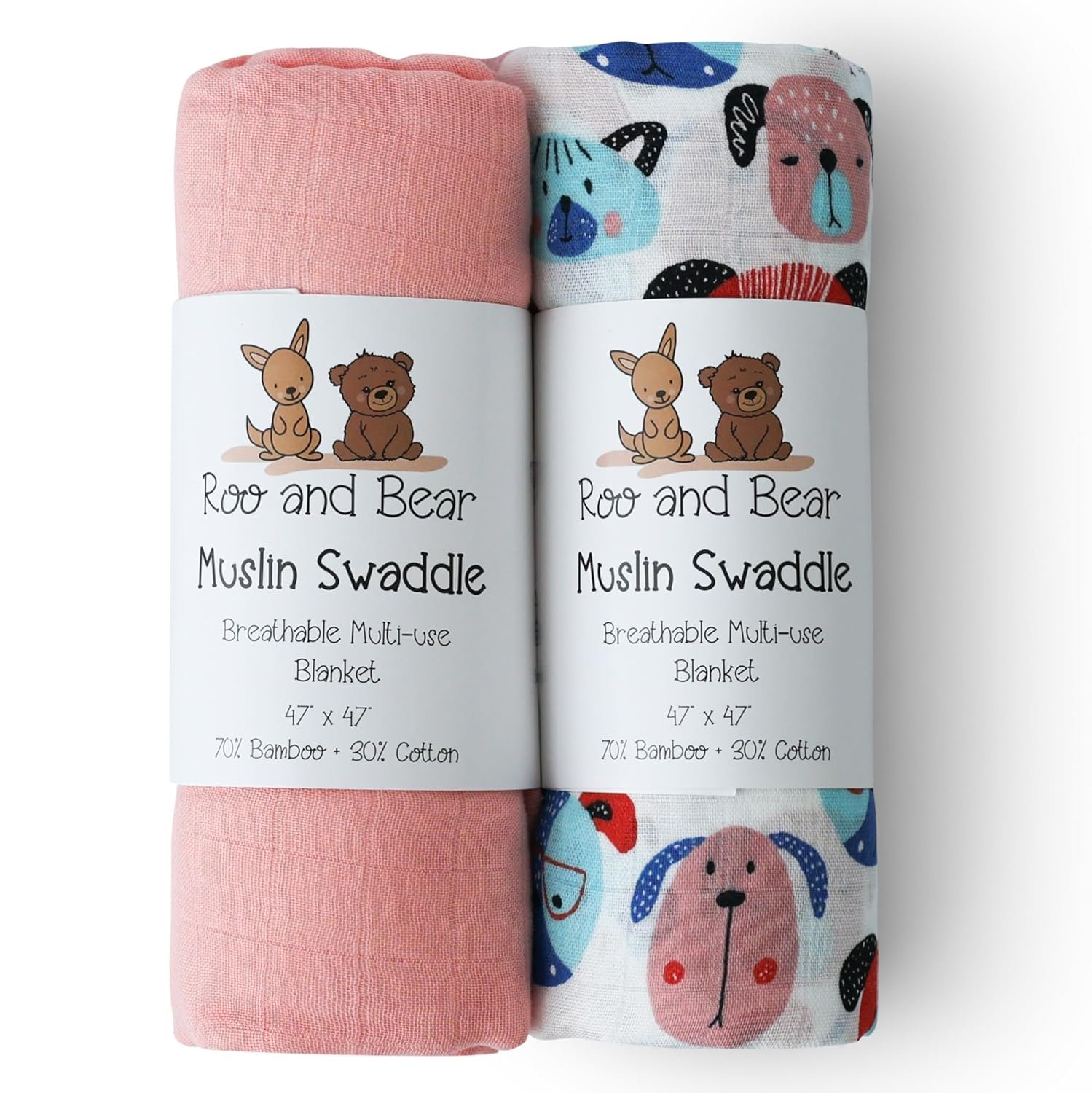 Muslin Swaddle Blankets for Newborn Baby, Buttery Soft and Breathable Receiving Blanket Bamboo Rayon and Cotton Blend, Large Size 47 x 47 Inch, 2 Pack of Pink and Cute Dogs