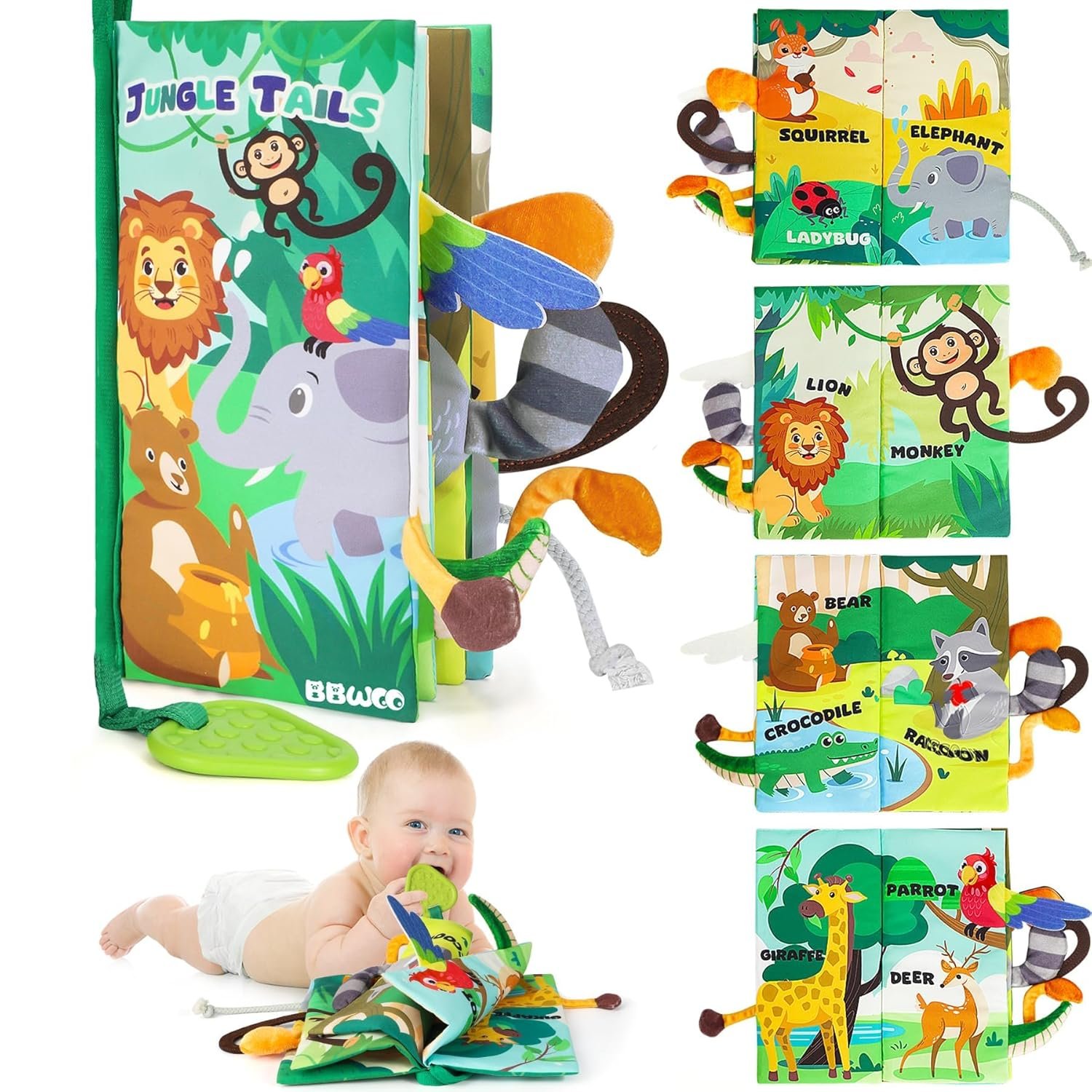 BBWOO Soft Baby Book Toy - Newborn Boy Girl Shower Gift - Tummy Time Toy for Infant 0-6 6-12 Months - Touch and Feel Sensory Crinkle Book with Teether - Baby Boy Girl Gift