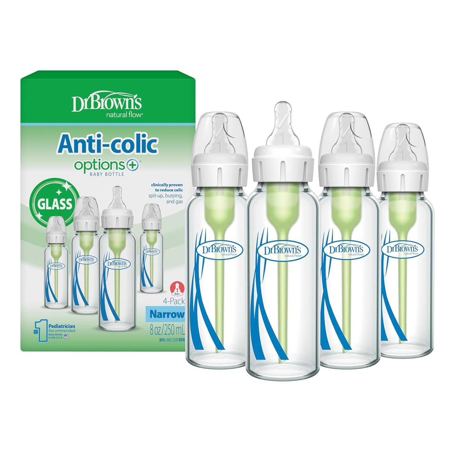 Dr. Brown's Anti-Colic Options+ Narrow Glass Baby Bottle with Level 1 Slow Flow Nipple, BPA-Free, 8 oz/250 mL, 0m+, 4-Pack (Packaging May Vary)