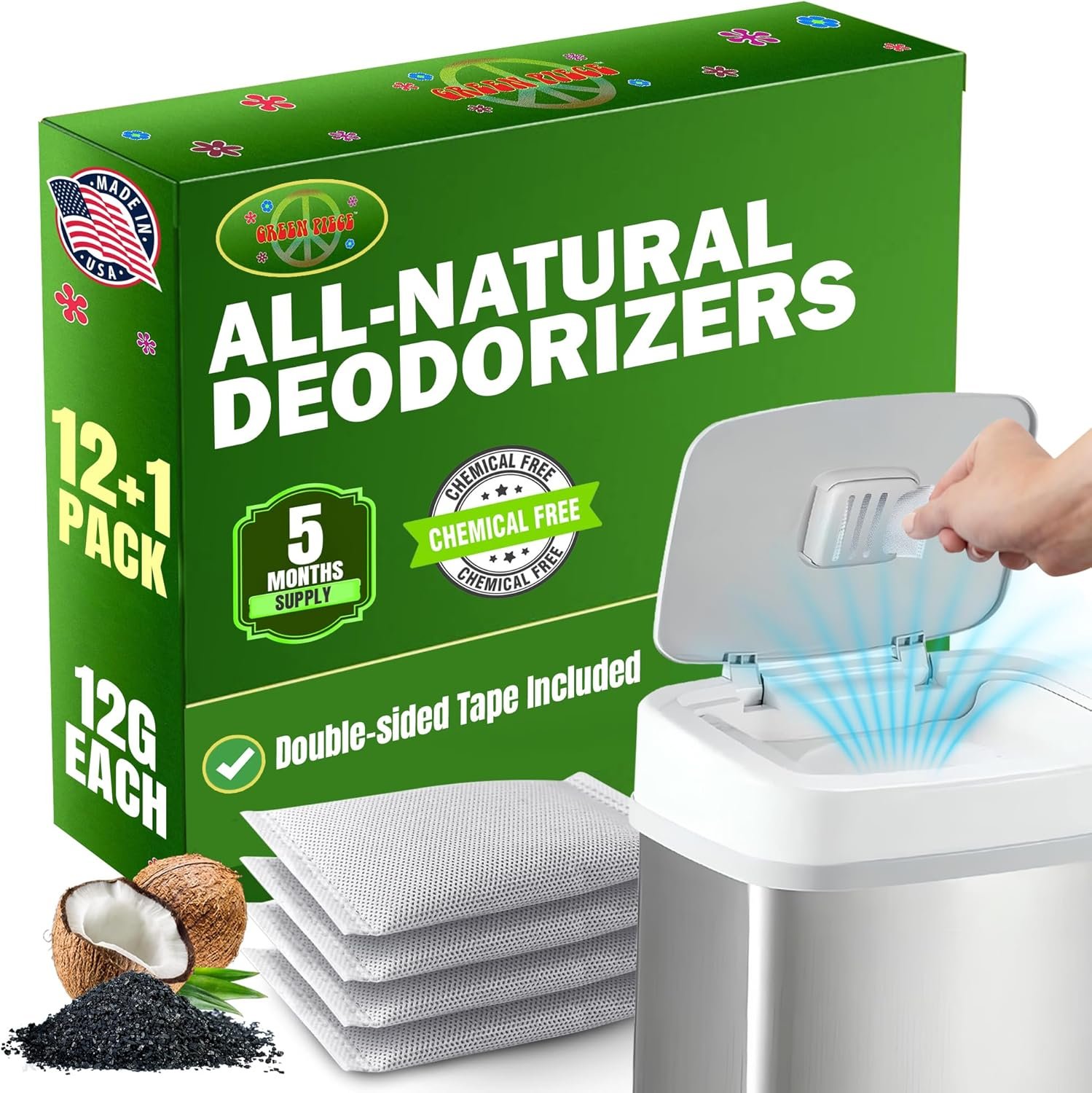 Green Piece® Pack of 12 +1 - Compatible with Diaper Genie - All Natural Baby Diaper Pail Deodorizer - Overstuffed - Activated Charcoal Air Purifier - * Made by Green Piece in the USA