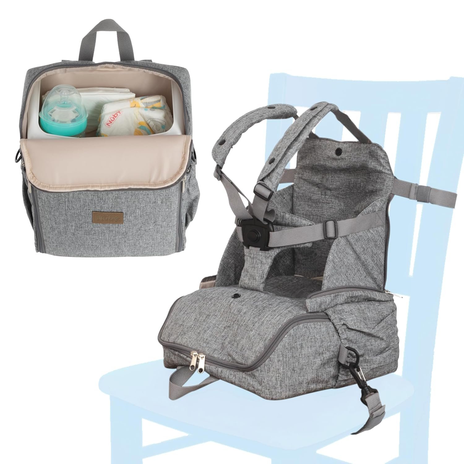Nuby Easy Go 2-in-1 Backpack Booster Seat with 5-Point Safety Harness - Portable Travel Highchair - Holds Up to 55 lbs - 9+ Months - Gray