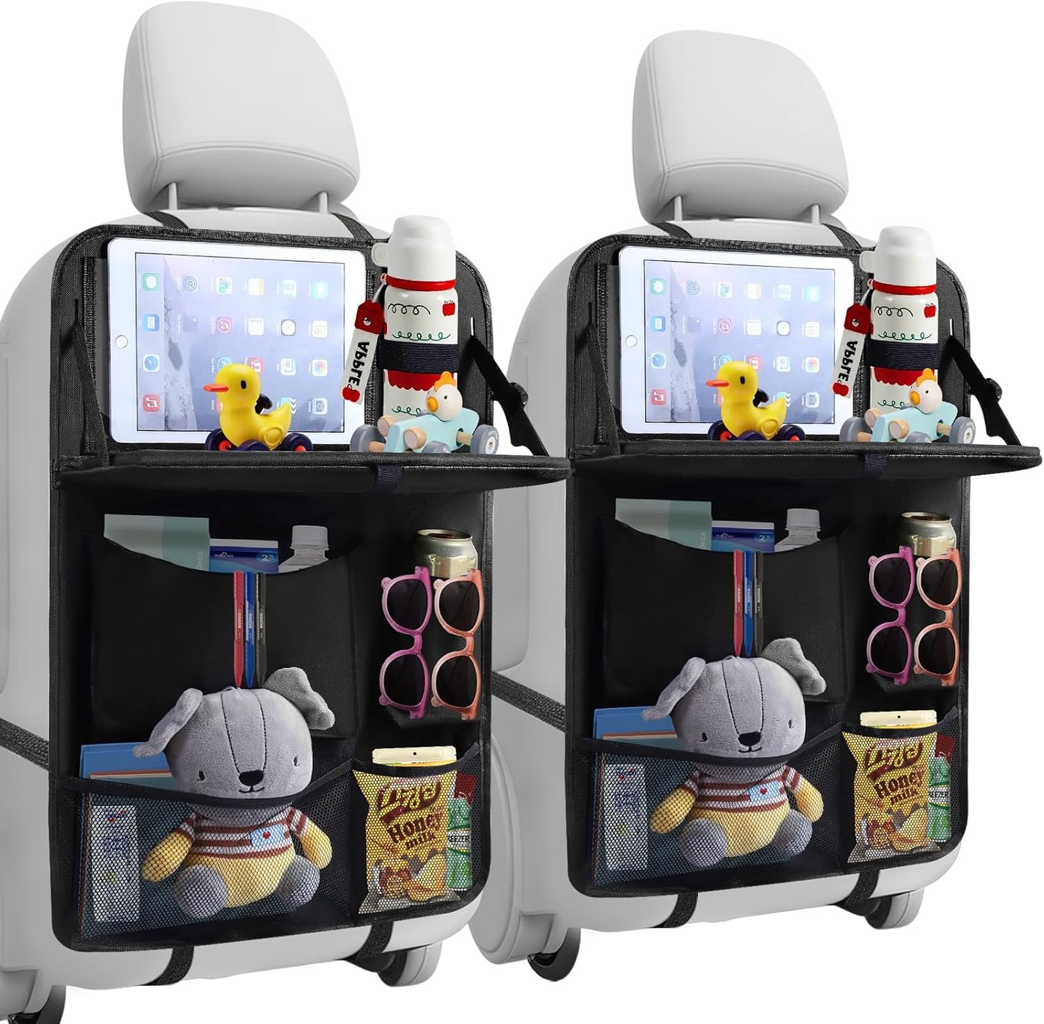 TCJJ Car Seat Organiser, Car Organiser Back Seat for kids, Car Backseat Seat Kick Protector with Tray and Touch Screen Tablet Storage Pockets Black/2 Pack