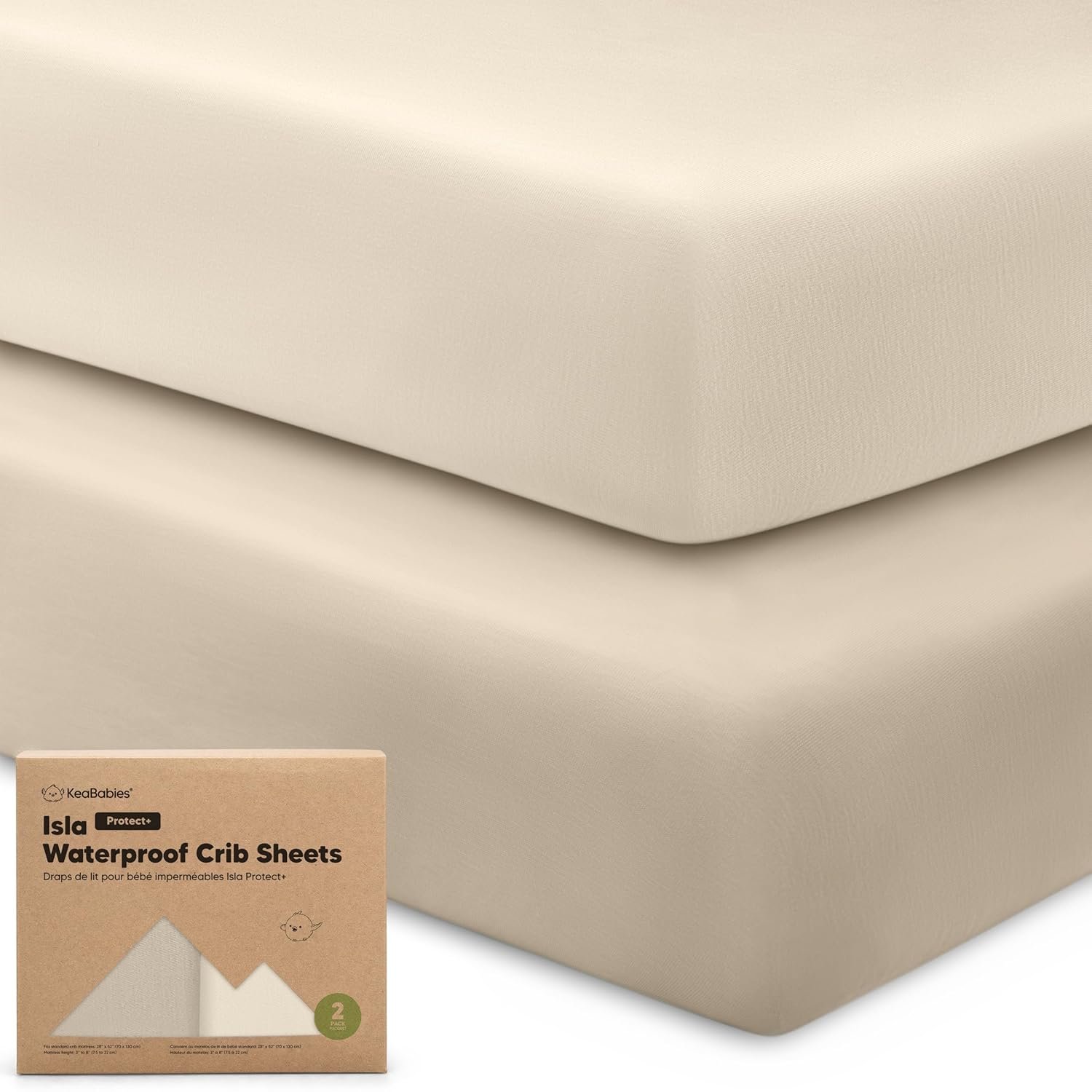 KeaBabies 2-Pack Waterproof Baby Crib Sheets for Boys, Girls - 52x28 Viscose Derived from Bamboo Toddler Bed Sheet Neutral, Fitted Crib Mattress Protector Cover for Baby Bedding, Soft & Gentle(Ecru)