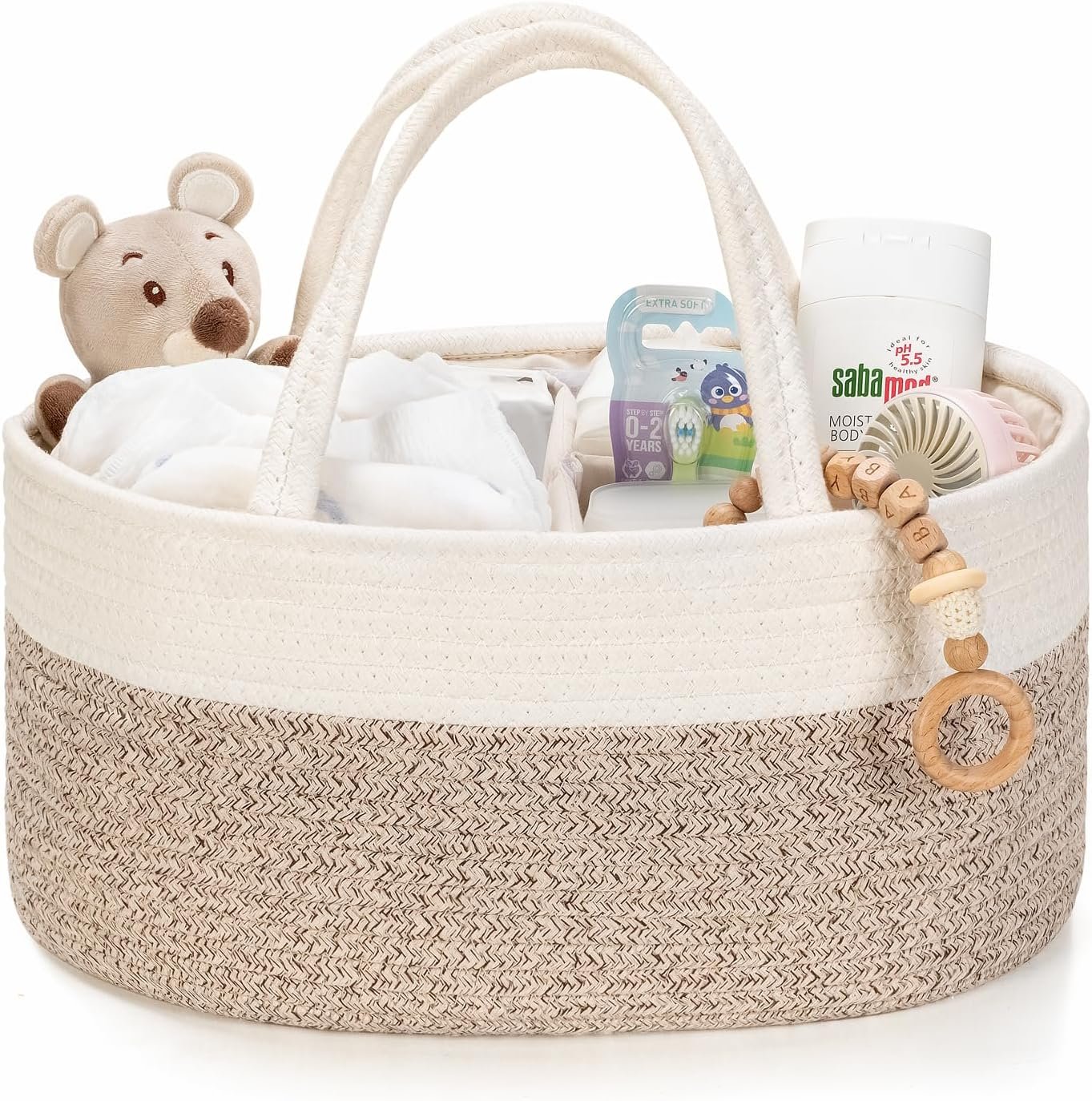 Diaper Caddy Organizer, Empty Gift Basket for Newborn Essentials, Baby Storage Basket, Stylish Gift Bag for Baby Shower, Boys and Girls - Small, White&Beige Brown