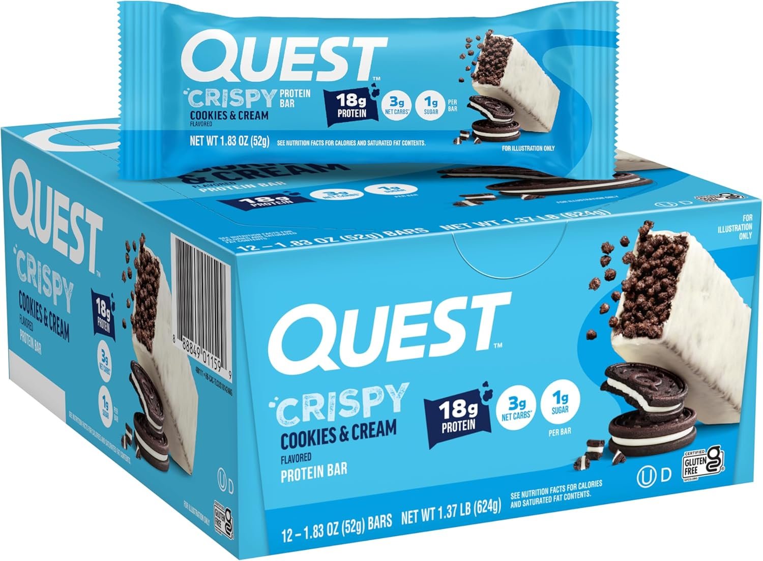Quest Nutrition Crispy Cookies & Cream Hero Protein Bar, 18g Protein, 1g Sugar, 3g Net Carb, Gluten Free, Protein Snack, Keto Friendly, 12 Count