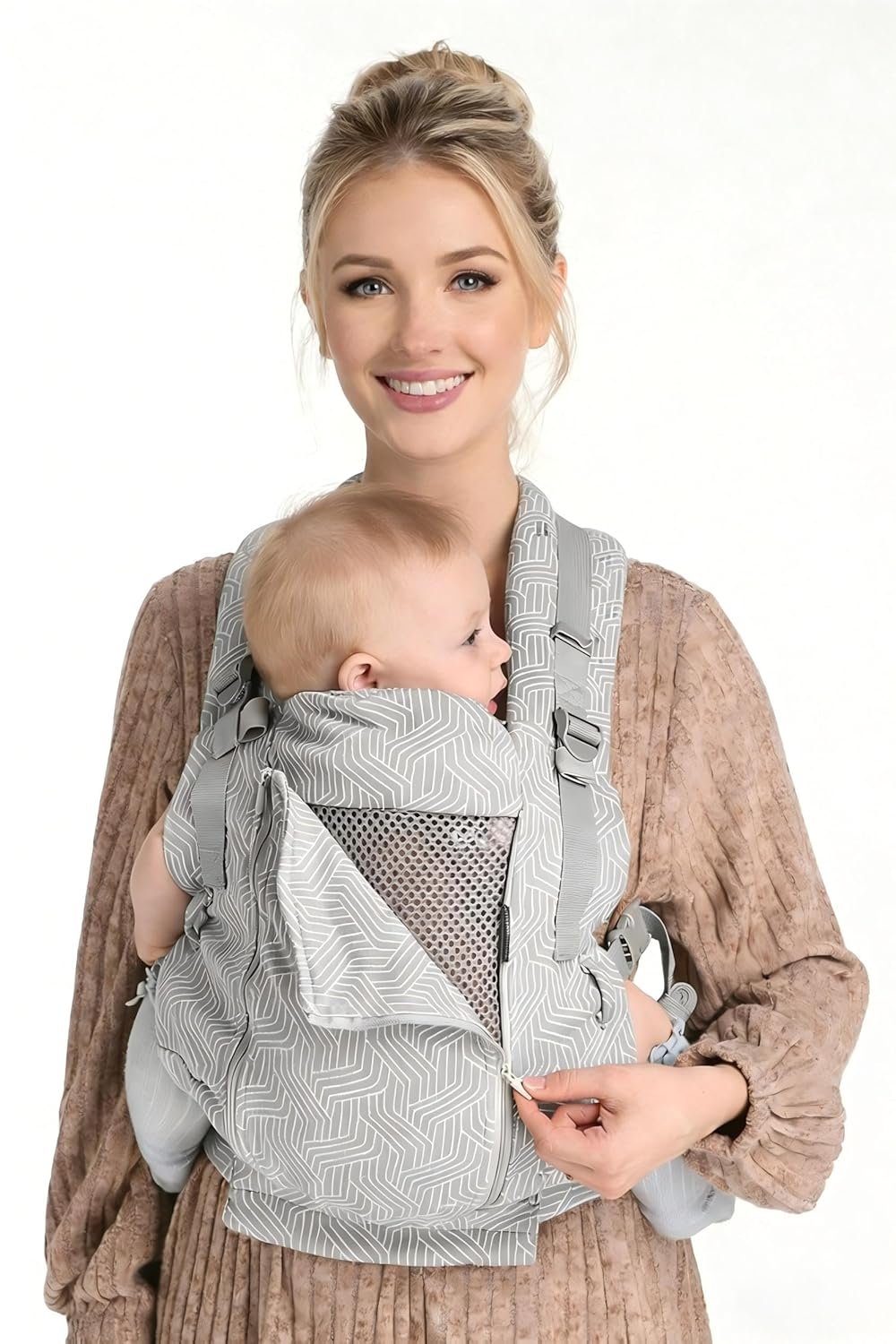 GROWNSY Baby Carrier Newborn to Toddler 7-44lbs, All Season Design with Adjustable Mesh Panel, Ergonomic Baby Carriers, Enhanced Lumbar Support, Hands-Free Parenting (Gray)